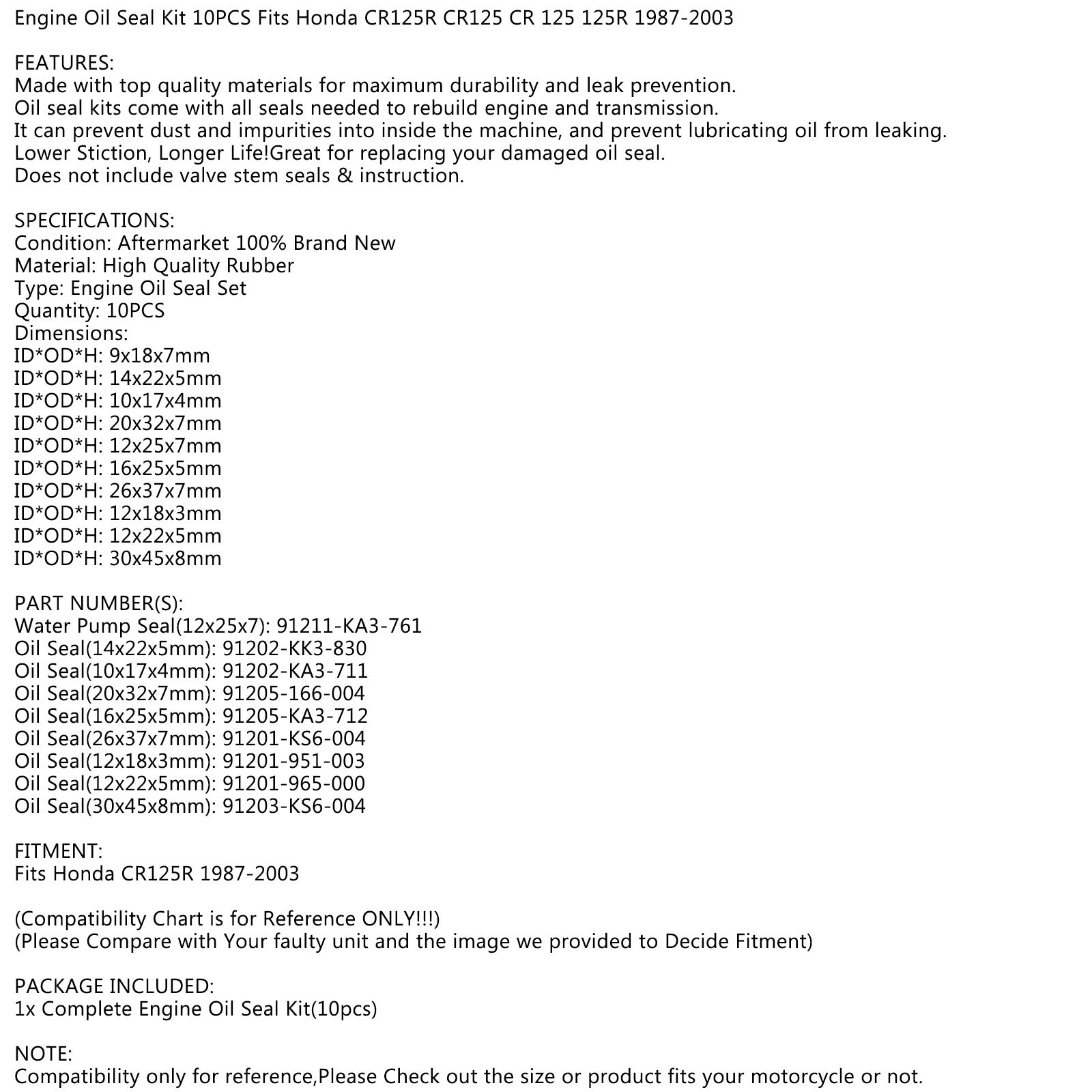 Zestaw uszczelnienia oleju silnikowego Zestaw uszczelnień 10pcs dla Honda CR125R 1987-2003 CR125R CR 125