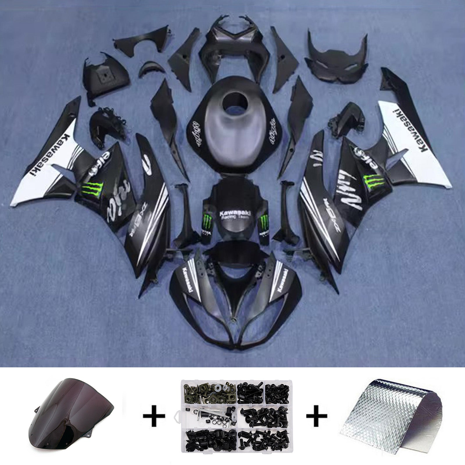 Amotopart 2009-2012 Kawasaki ZX6R 636 Black White Green Fairing Kit