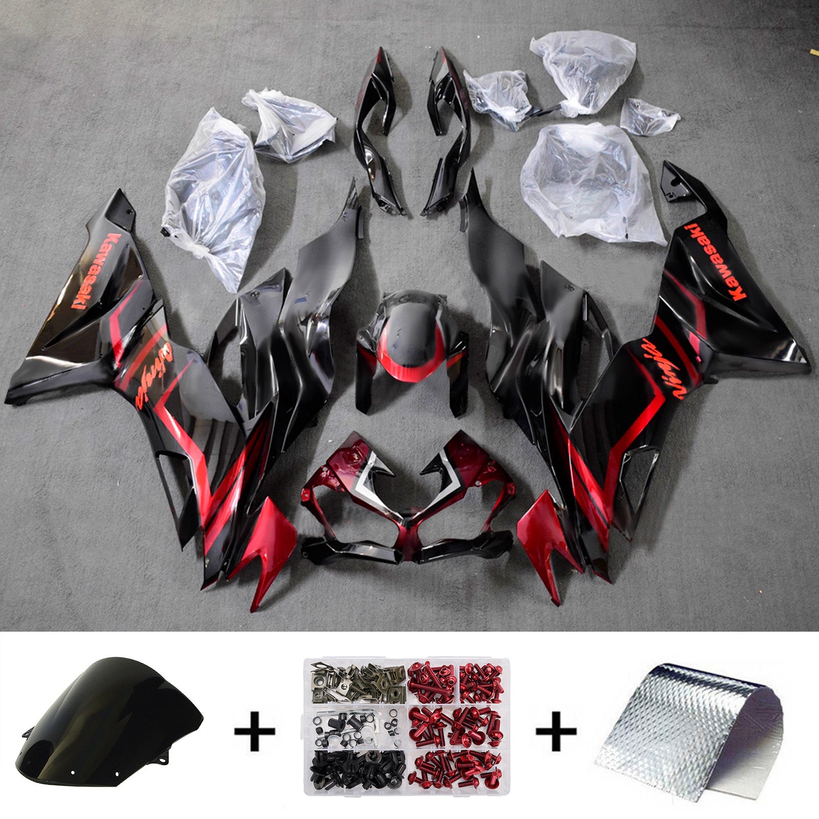Amotopart 2019-2023 Kawasaki ZX6R Black Red Fairing Kit