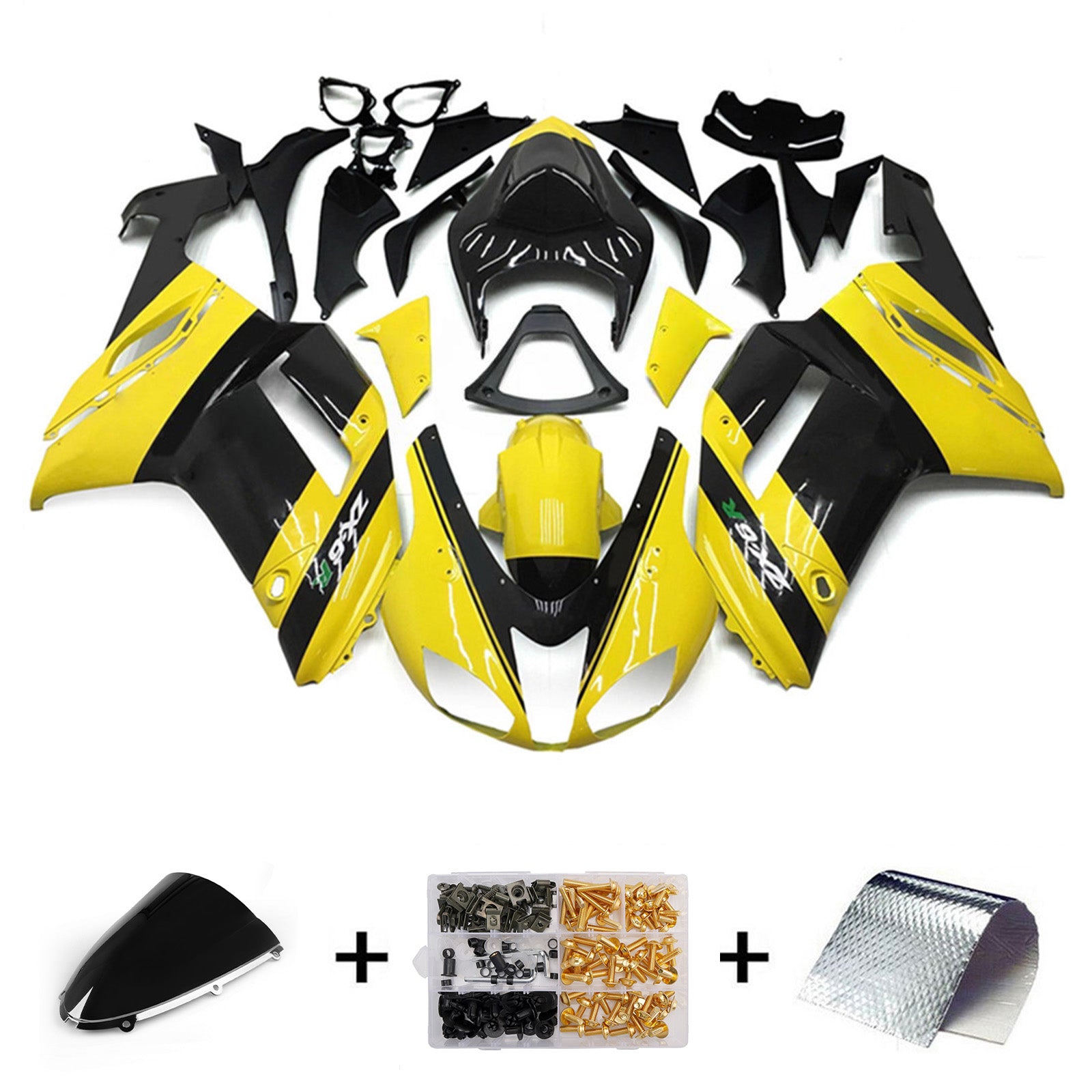 Amotopart 2007-2008 Kawasaki ZX6R 636 Glossy Yellow Black Fairing Kit