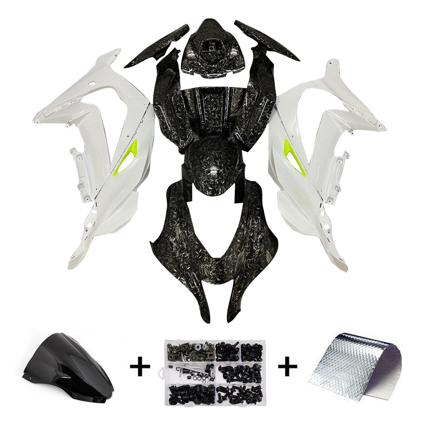 Amotopart 2016-2020 Kawasaki ZX10R Forged Carbon Fiber Pattern White Fairing Kit