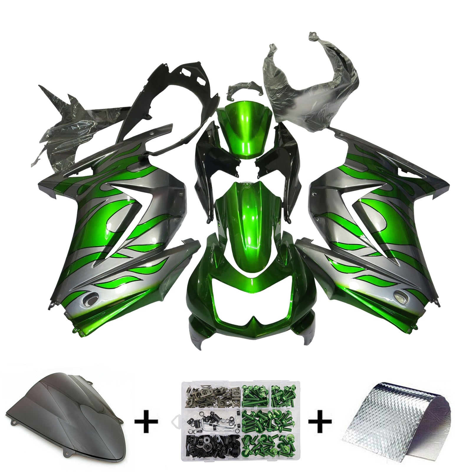 Amotopart 2008-2012 Kawasaki EX250/Ninja 250R Green Silver Fairing Kit