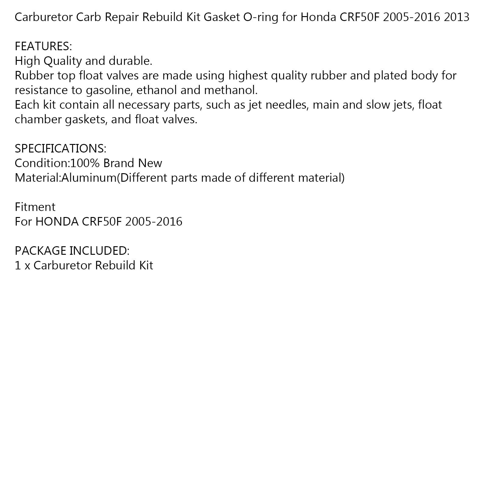 Carburetor Carb Repair Rebuild Kit Dichtung O-Ring für Honda CRF50F 2005-2016