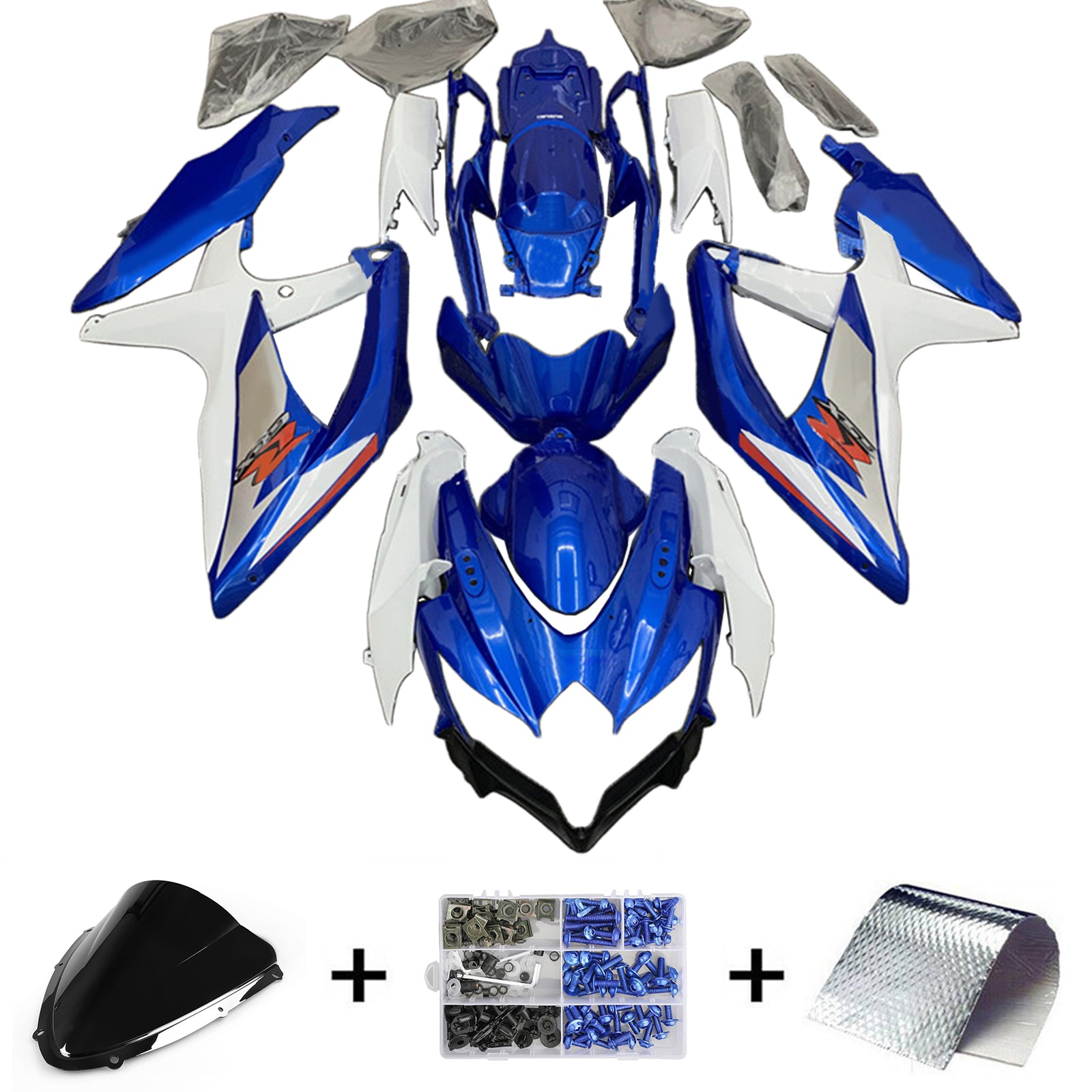 Amotopart Suzuki GSXR 600/750 K8 Bleu 2008-2010&Kit de carénage blanc Style1