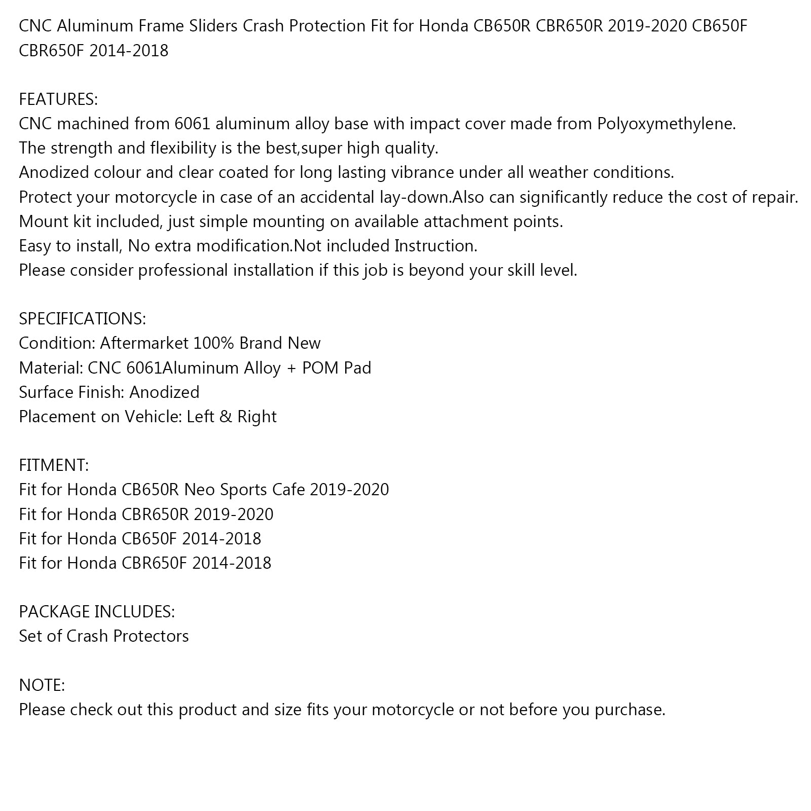 2019-2020 HONDA CB650R CBR650R AREYOUROURSHOP Billet Anti Crash Frame Protector preto