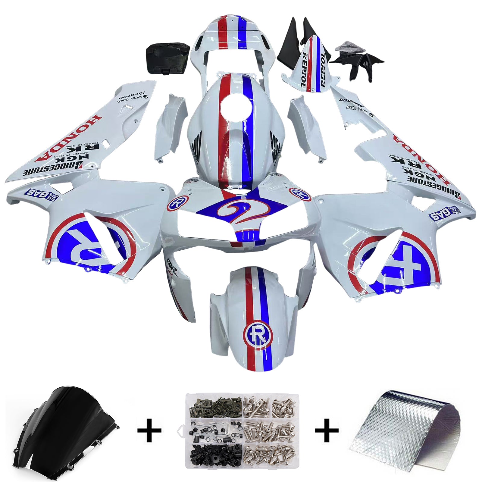 Amotopart 2003-2004 Honda CBR600RR Blanc Rouge & Kit de carénage Blue Line