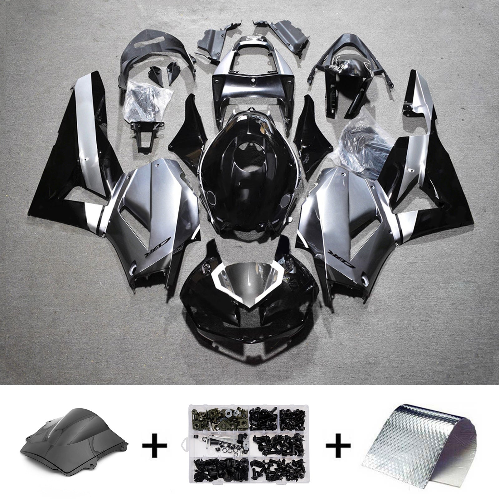 Amotopart 13-26 ver. américaine & 13-23 ver. européenne. Kit de carénage Honda CBR600RR argent noir