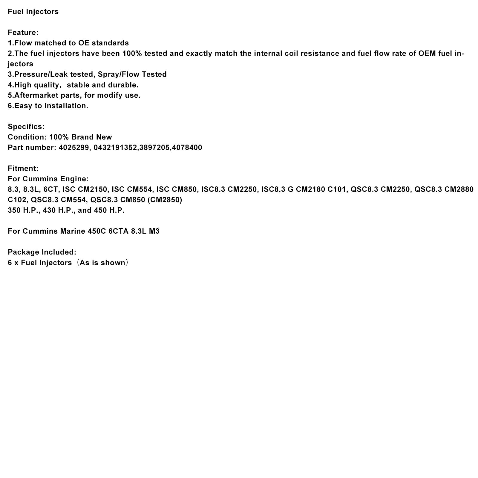 Cummins Marine 6CTA 6PC 4025299 Inyectores de combustible 0432191352 4078400