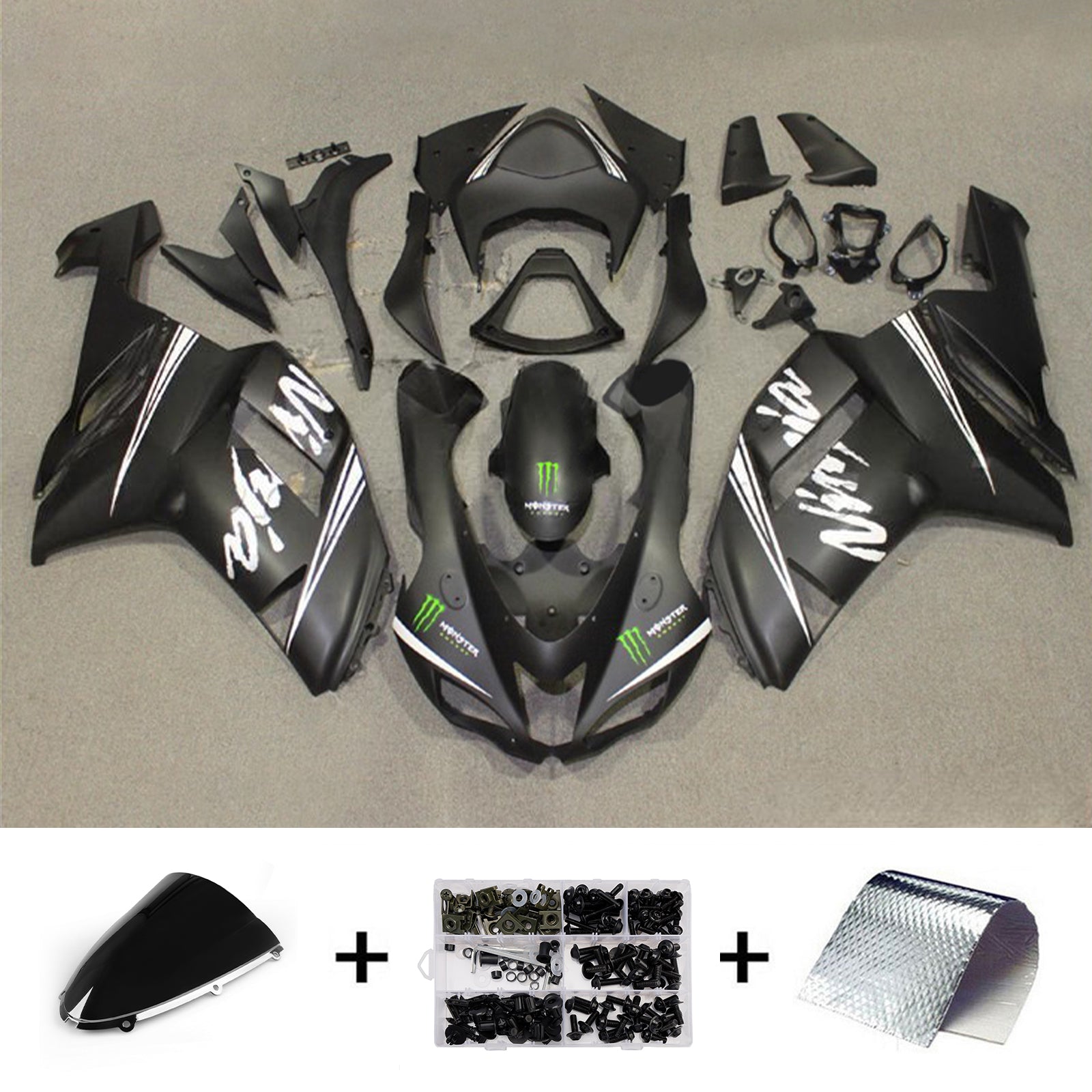 Amotopart 2007-2008 Kawasaki ZX6R 636 Matte Black White Fairing Kit