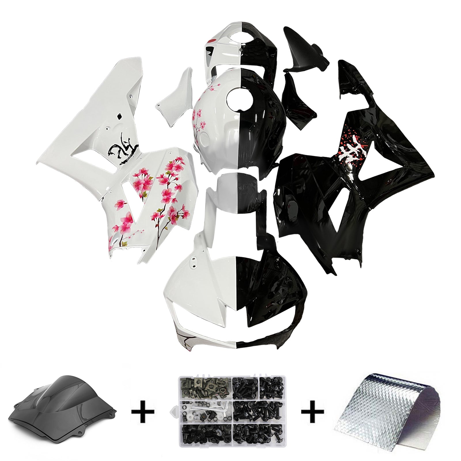 Amotopart 13-25 US ver. & 13-23 European ver. Honda CBR600RR Black White Cherry Blossom Fairing Kit