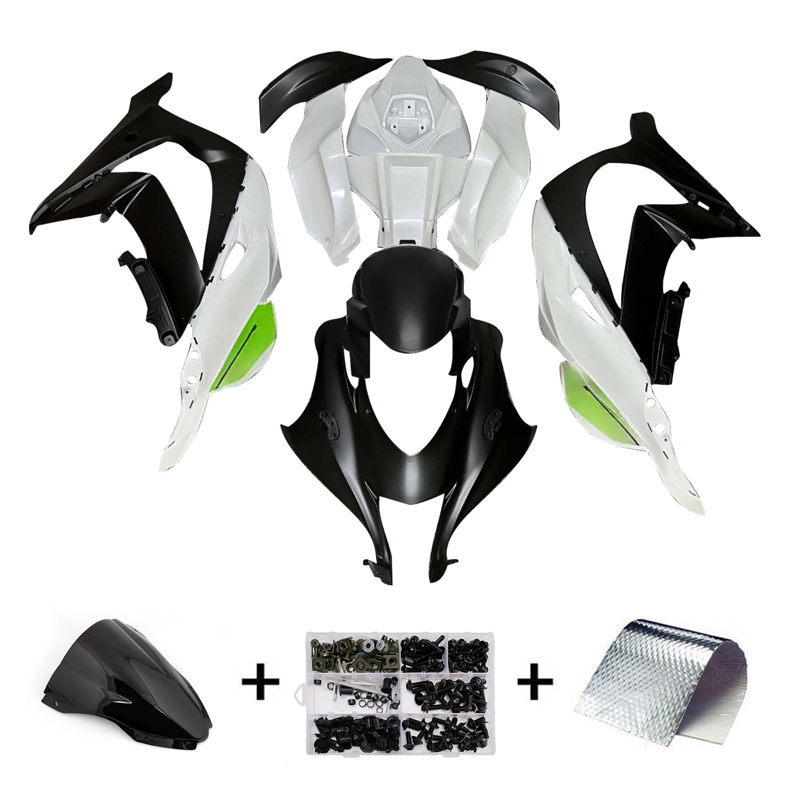 Amotopart 2016-2020 Kawasaki ZX10R Black White Green Fairing Kit