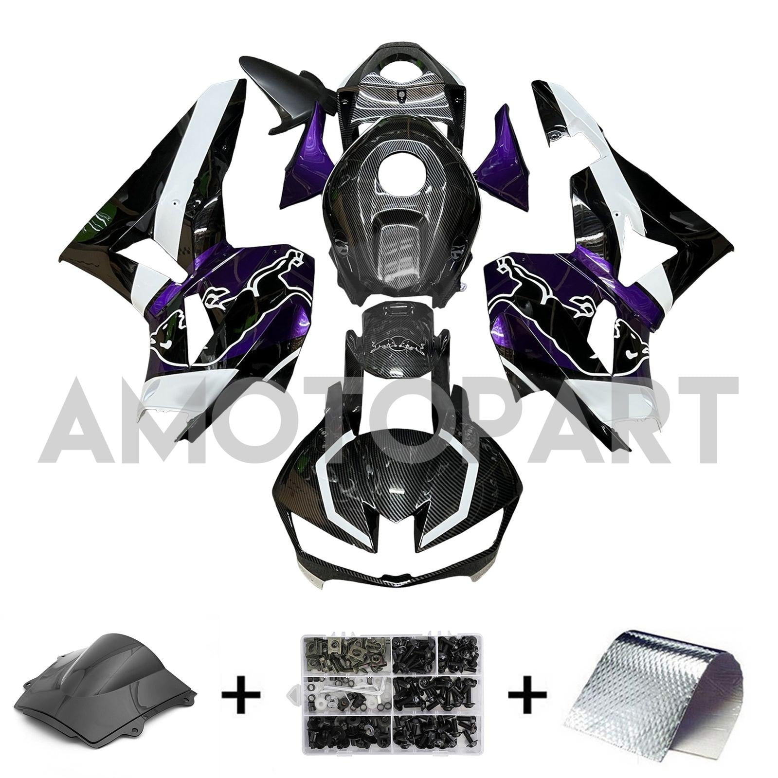 Amotopart 13-25 versão EUA. & Kit de carenagem branca e roxa para Honda CBR600RR versão europeia 13-23, com padrão de fibra de carbono