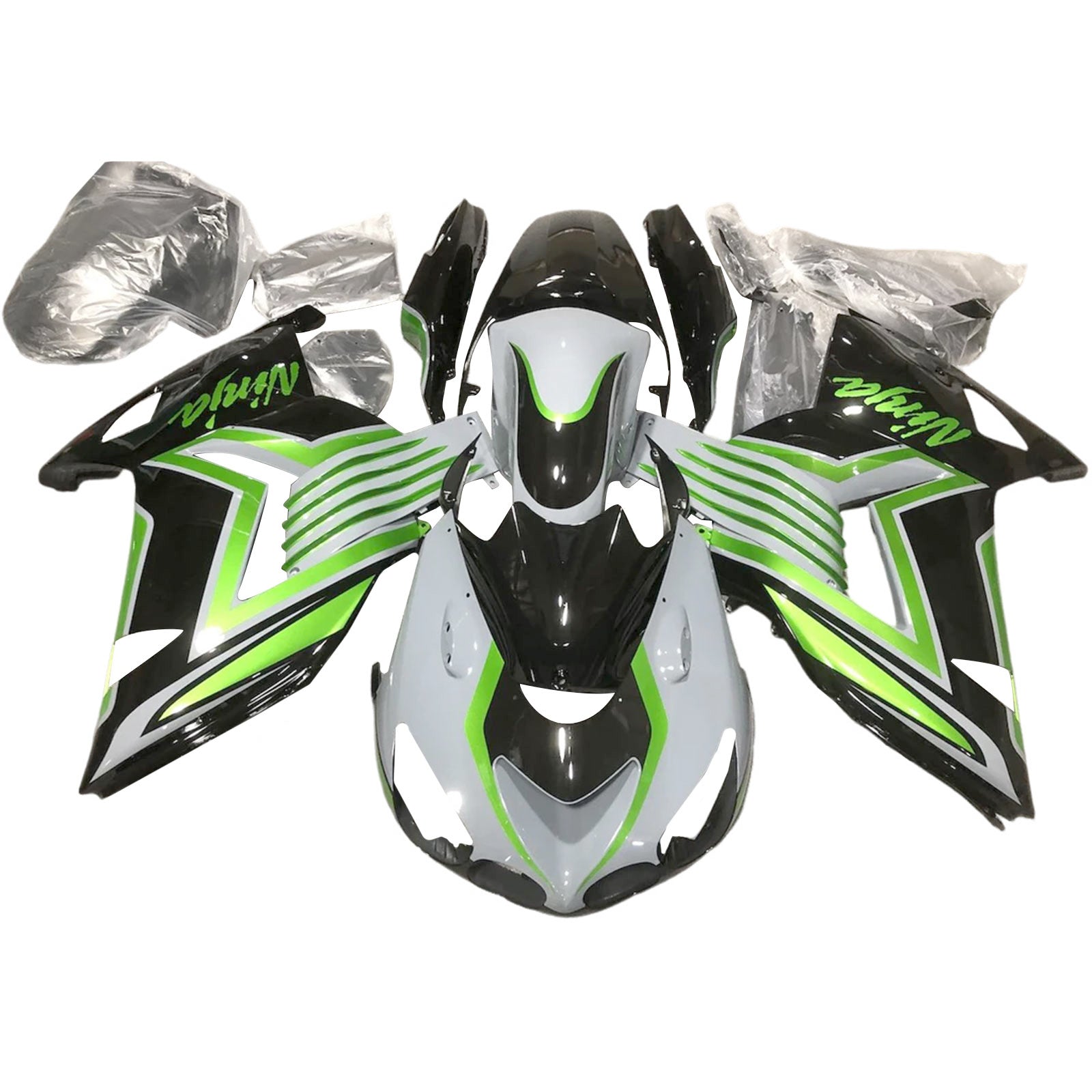 Amotopart 2006-2011 Kawasaki ZX14R ZZR1400 Blanc Noir & Kit de carénage vert