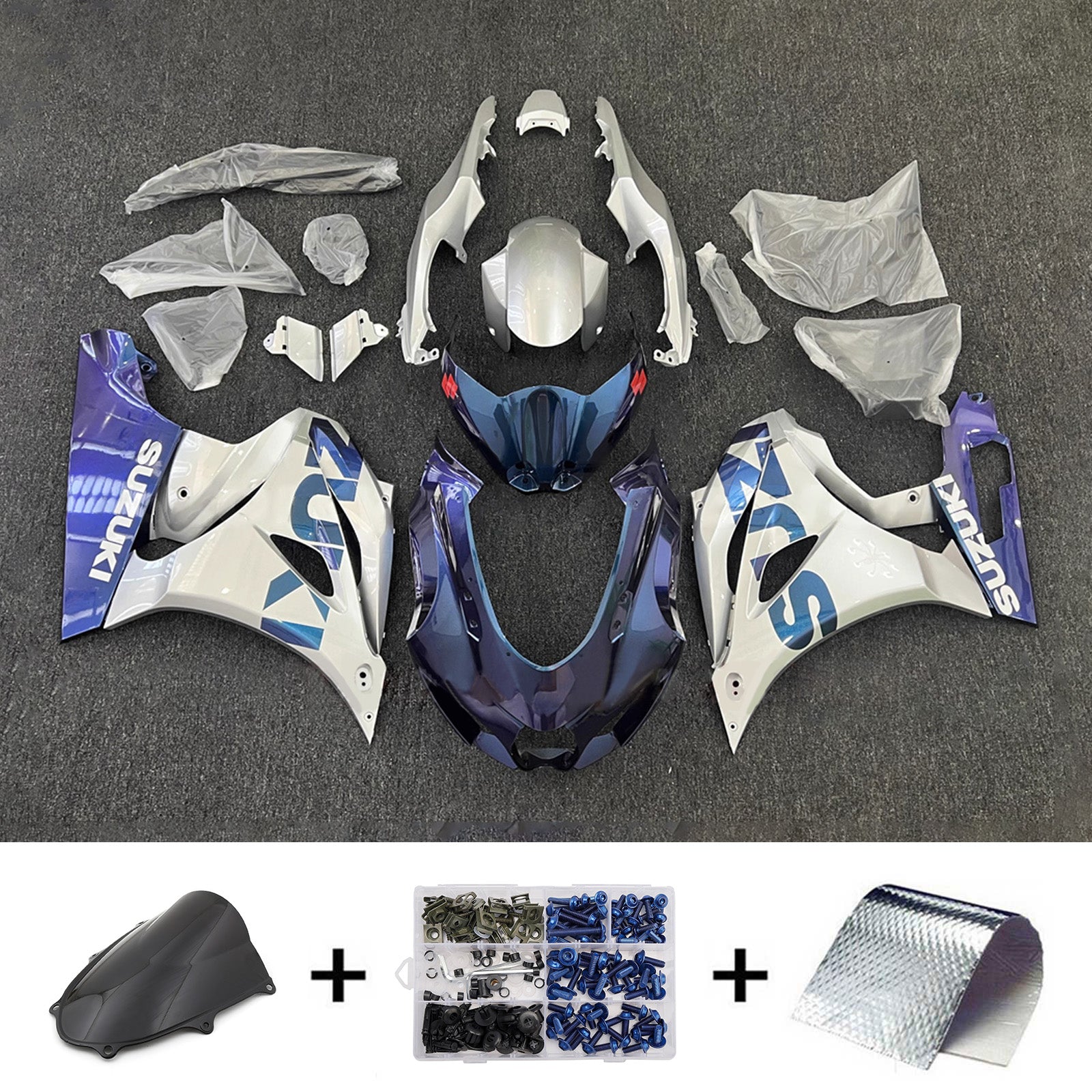 Amotopart 2017-2025 Suzuki GSXR1000 Blue Silver Fairing Kit