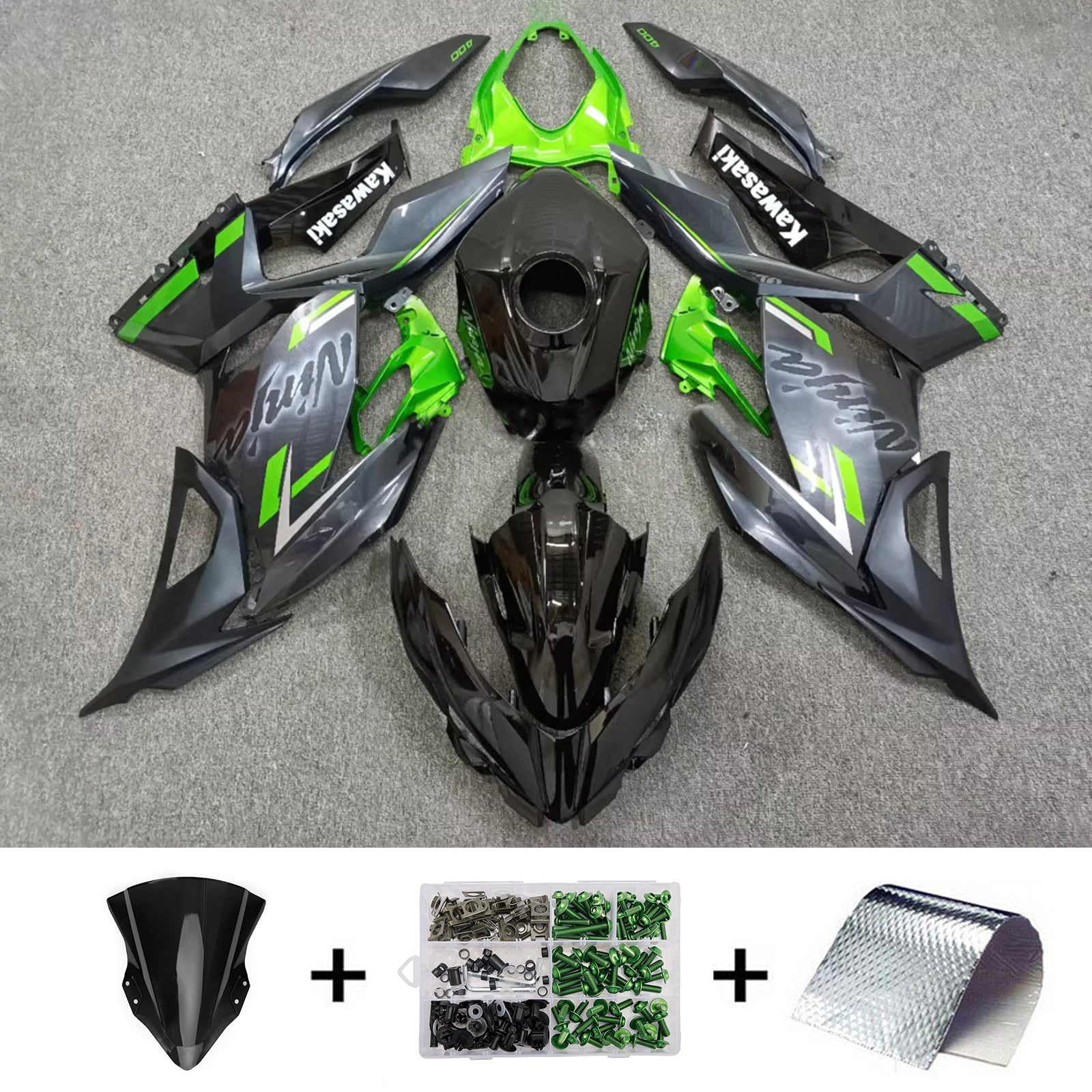 Amotopart 2018-2024 Kawasaki EX400/Ninja400 Black Green Fairing Kit