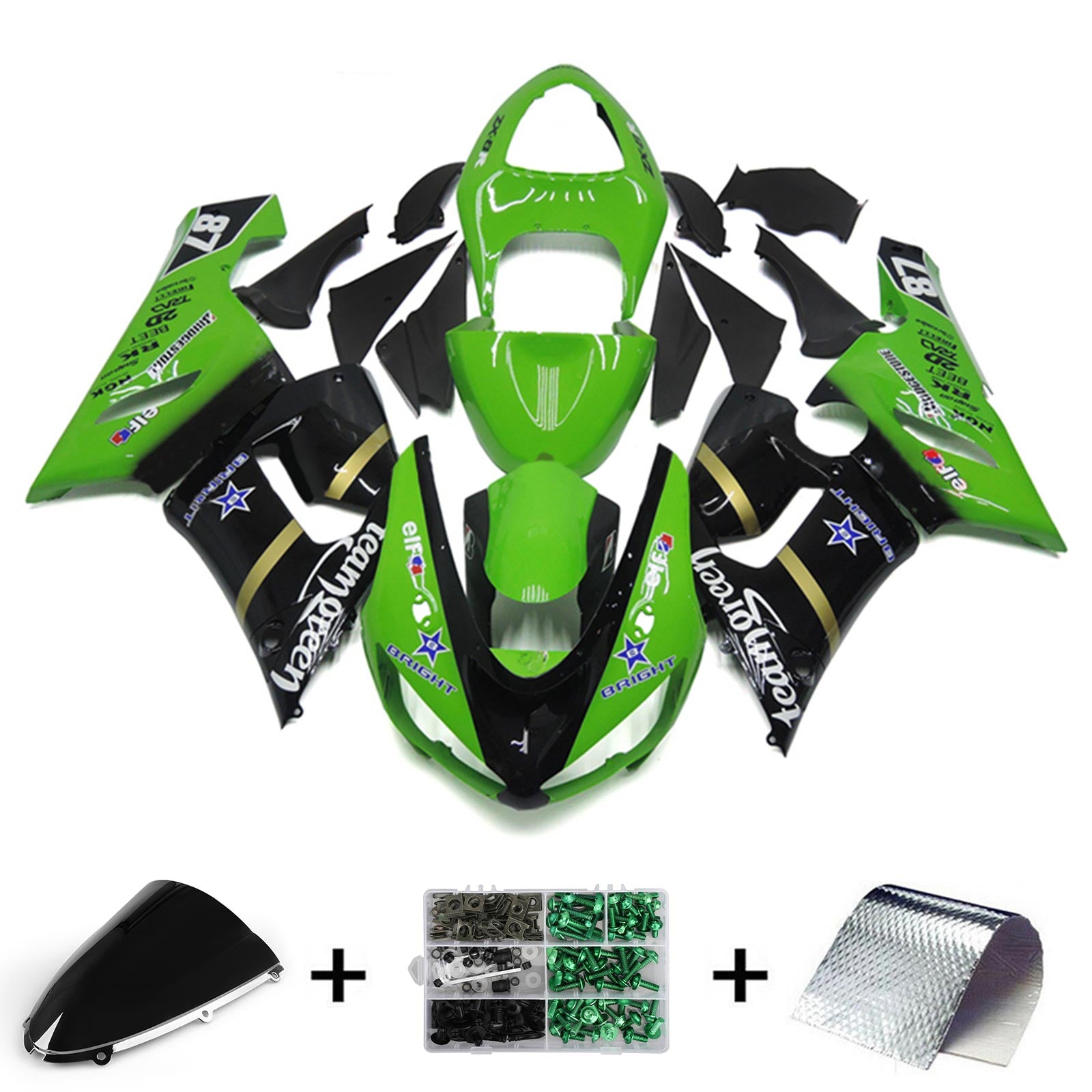 Amotopart 2005–2006 Kawasaki ZX6R 636, Schwarz&Grünes Style3-Verkleidungskit