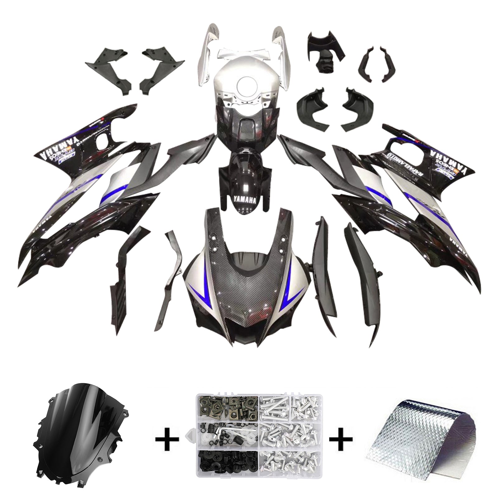Amotopart Yamaha 2019-2021 YZF R3/YZF R25 Black & Grey Carbon Style2 Fiber Fairing Kit