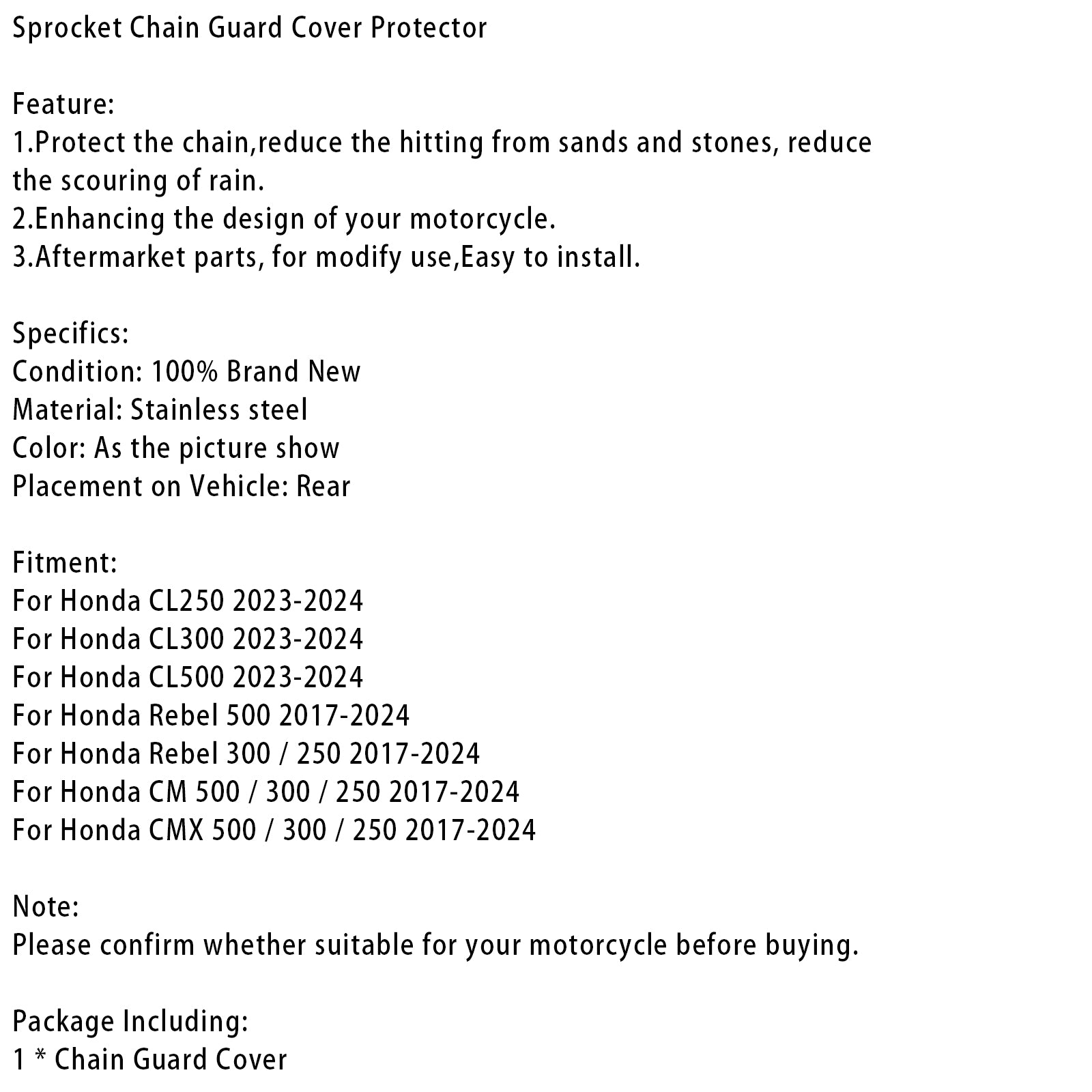 17-24 Honda Rebel CL 250 300 500 CM CMX Chain Guard Cover Protector