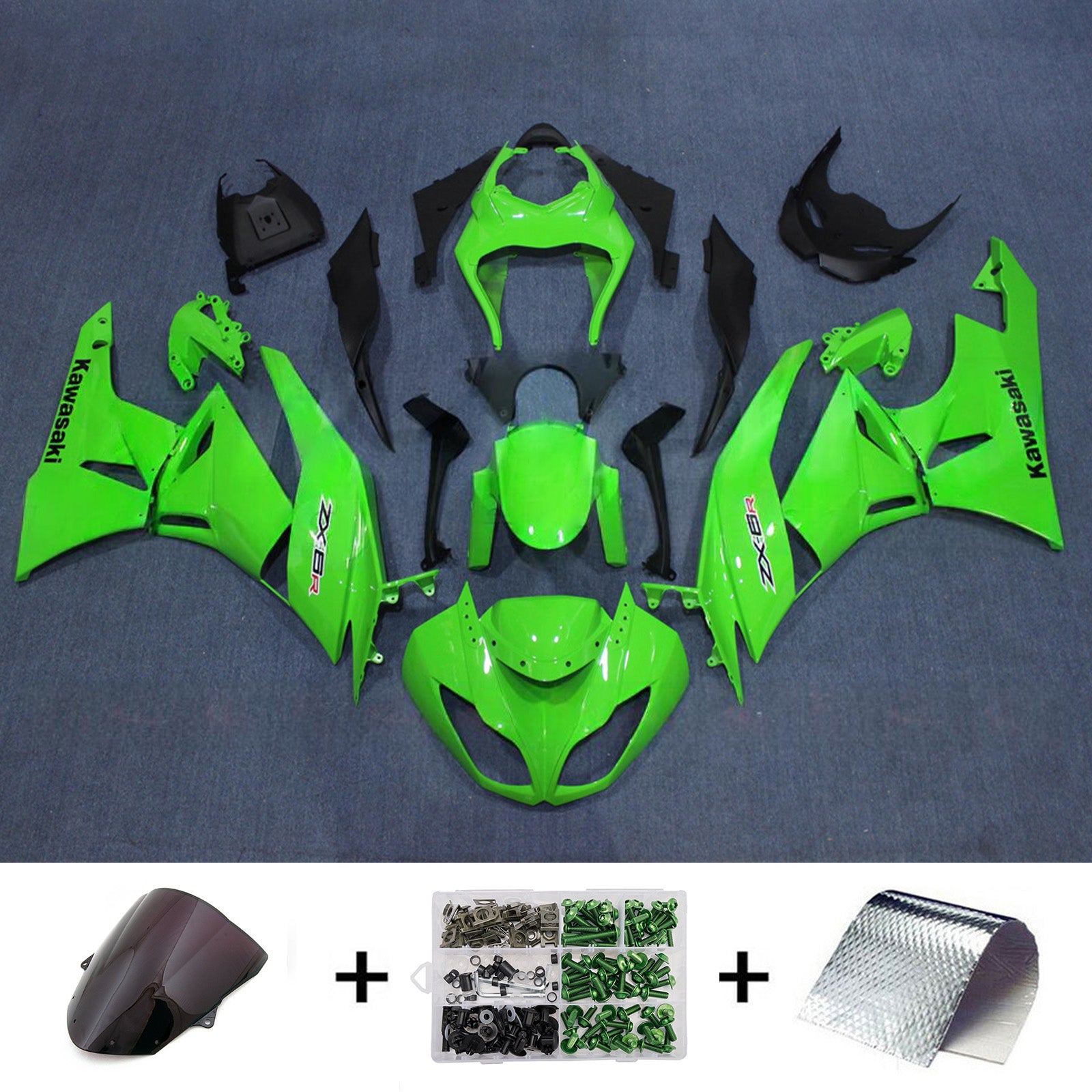 Amotopart 2009-2012 Kawasaki ZX6R 636 Black Green Fairing Kit