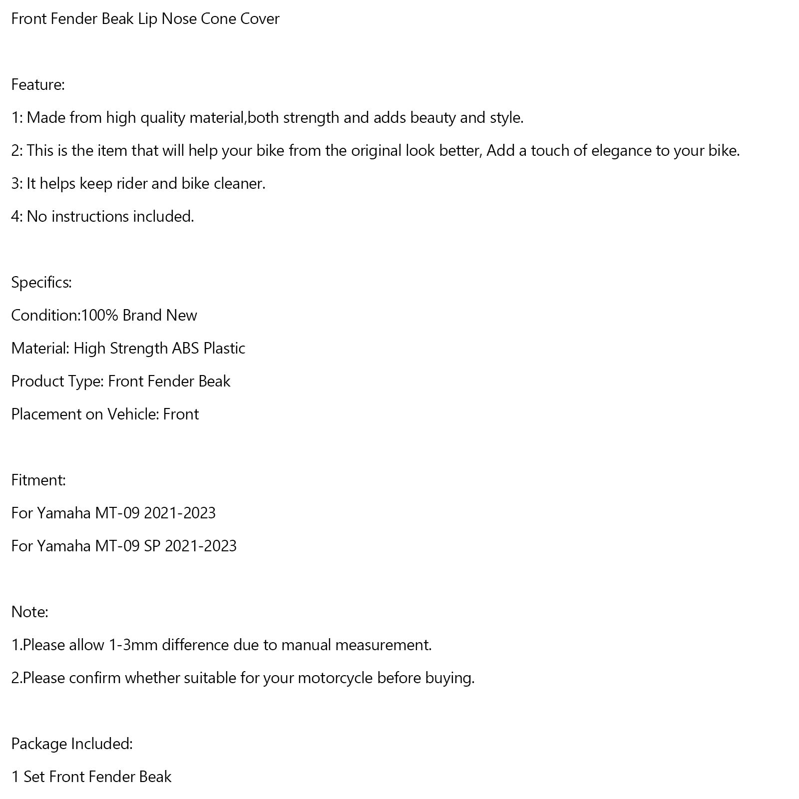 Front Fender Beak Lip Nose Cone Cover Spoilers för Yamaha MT-09 SP 2021-2023