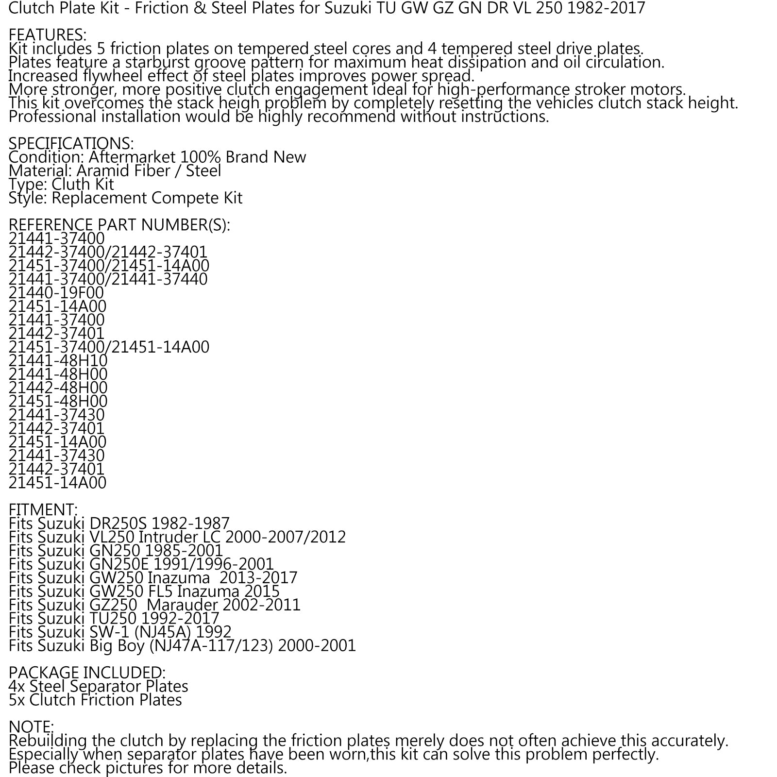 Kit frizione in acciaio e dischi attrito per Suzuki TU GW GZ GN DR VL 250 1982-2017