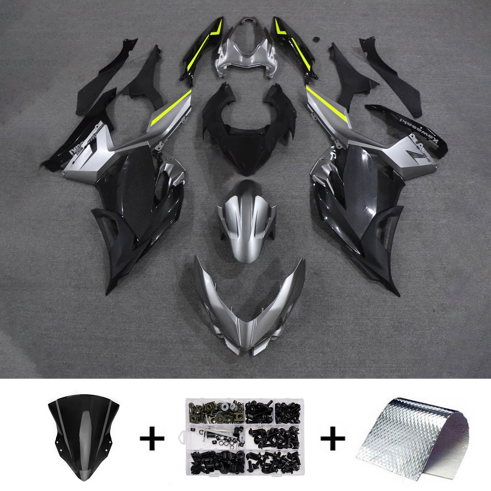 Amotopart 2018-2024 Kawasaki EX400/Ninja400 Grey Black Carbon Fiber Pattern Fairing Kit