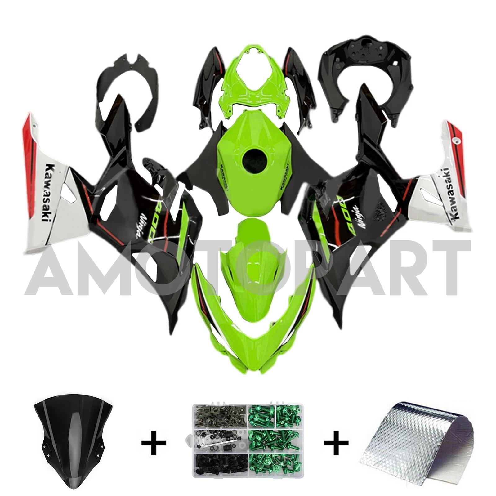 Amotopart 2018-2024 Kawasaki EX400 Ninja400 Grün&Schwarzes Verkleidungskit