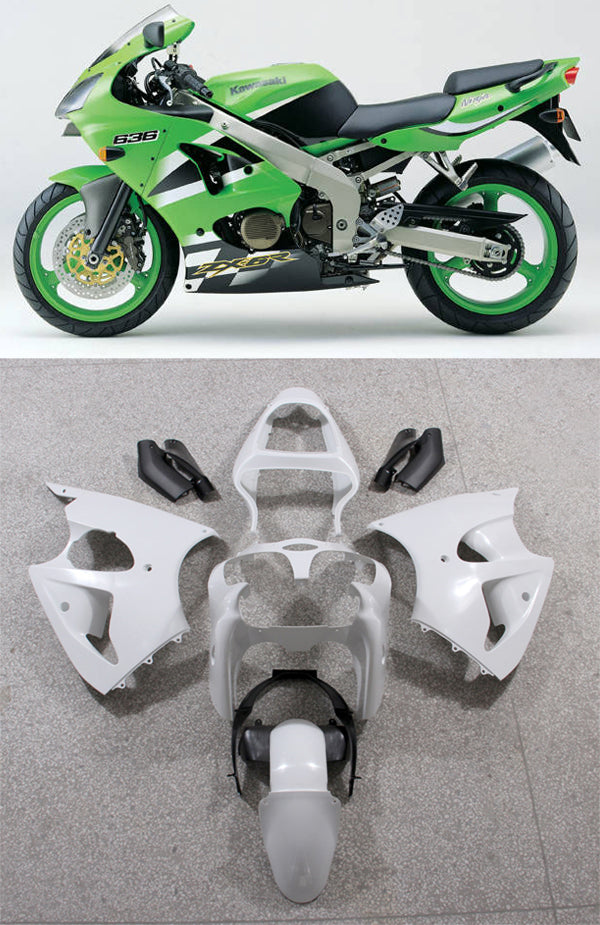 Amotopart 2000-2002 Kawasaki ZX6R 636 2005-2008 Kawasaki ZZR600 Green White Fairing Kit