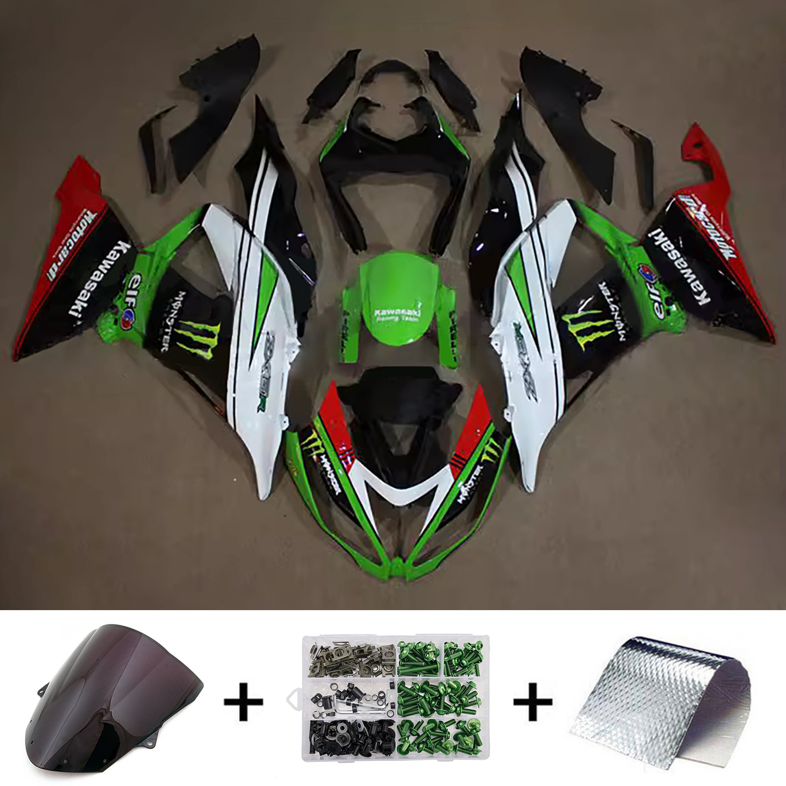 Amotopart 2013-2018 Kawasaki ZX6R 636 Black White Green Red Fairing Kit