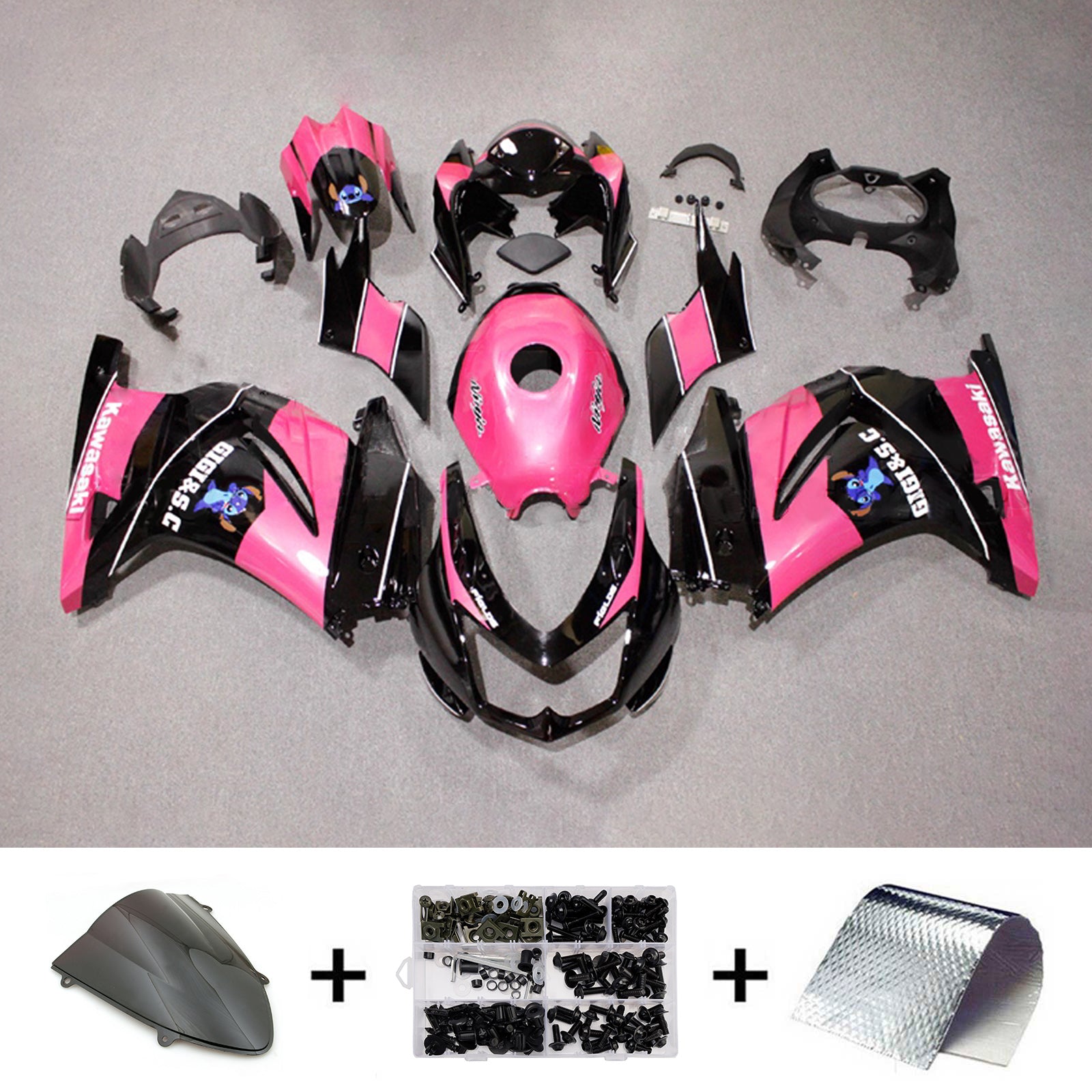Amotopart 2008-2012 Kawasaki EX250/Ninja250R Black Pink Fairing Kit