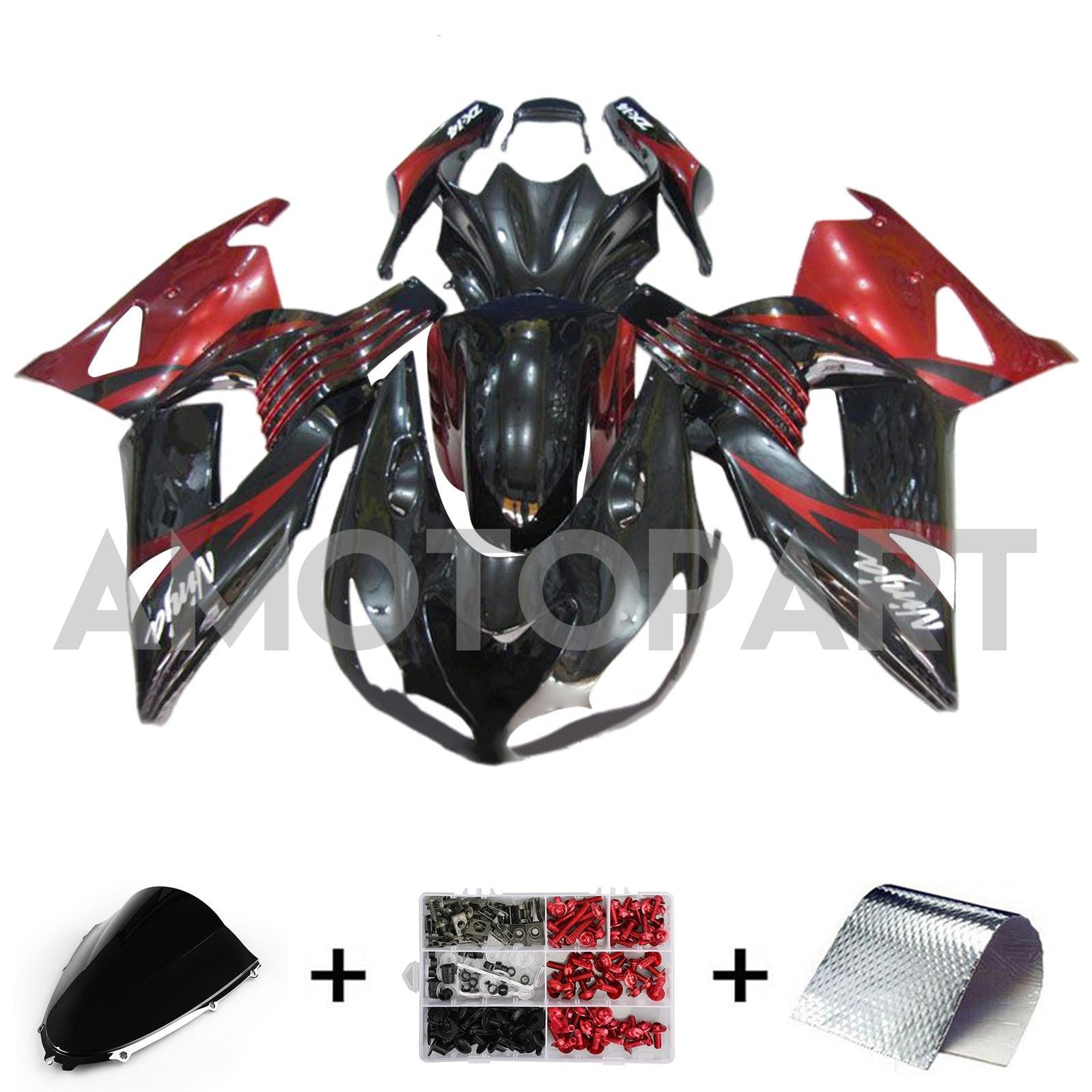 Amotopart 2006-2011 Kawasaki ZX14R ZZR1400 Noir Rouge & Kit de carénage blanc