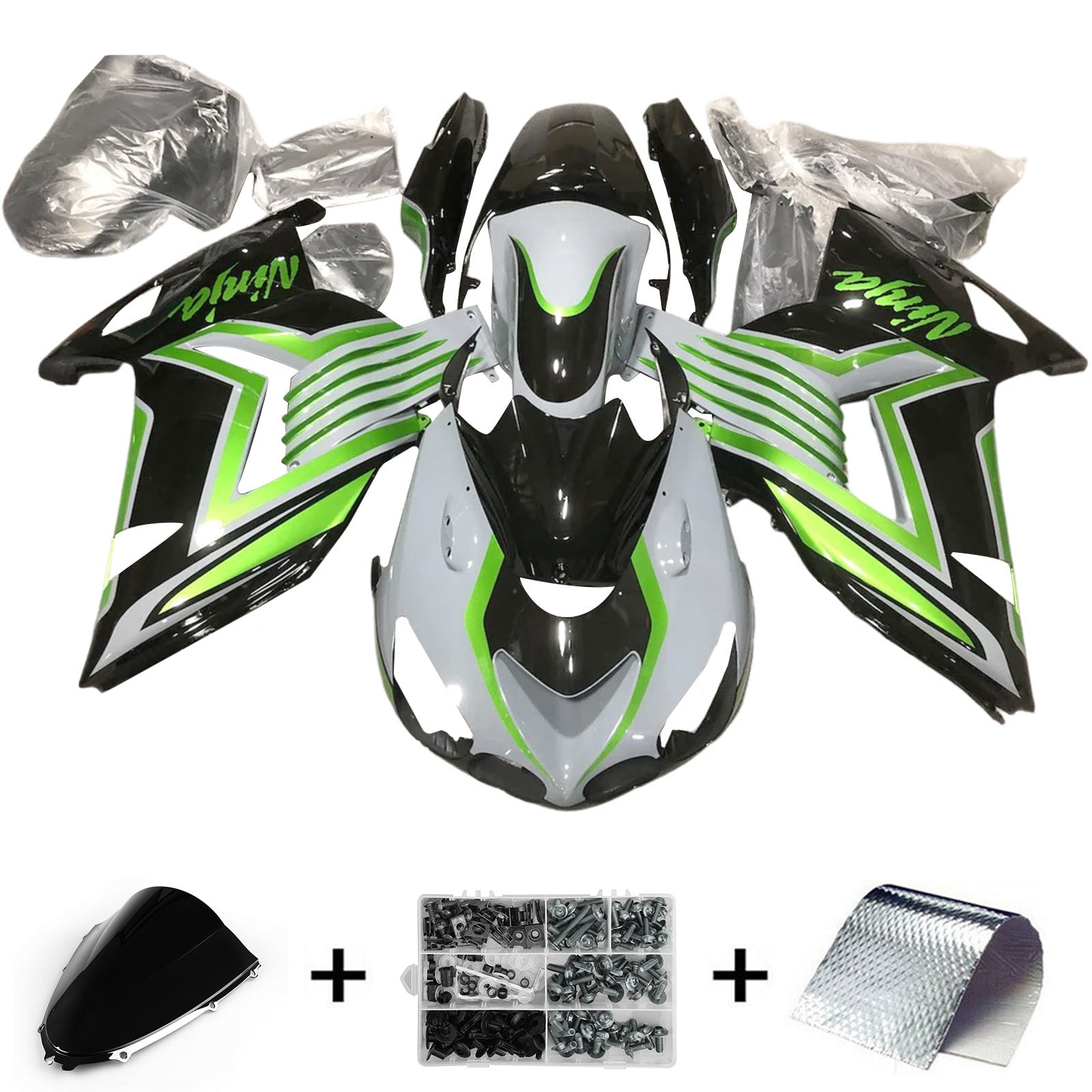 Amotopart 2006-2011 Kawasaki ZX14R ZZR1400 Blanc Noir & Kit de carénage vert