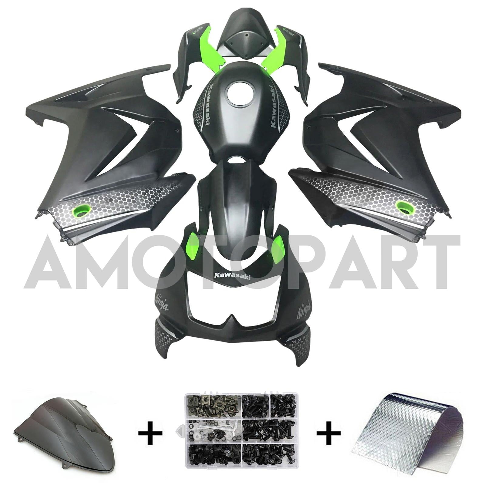 Amotopart 2008-2012 Kawasaki EX250 Ninja250r Schwarzes Green Verkleidungskit