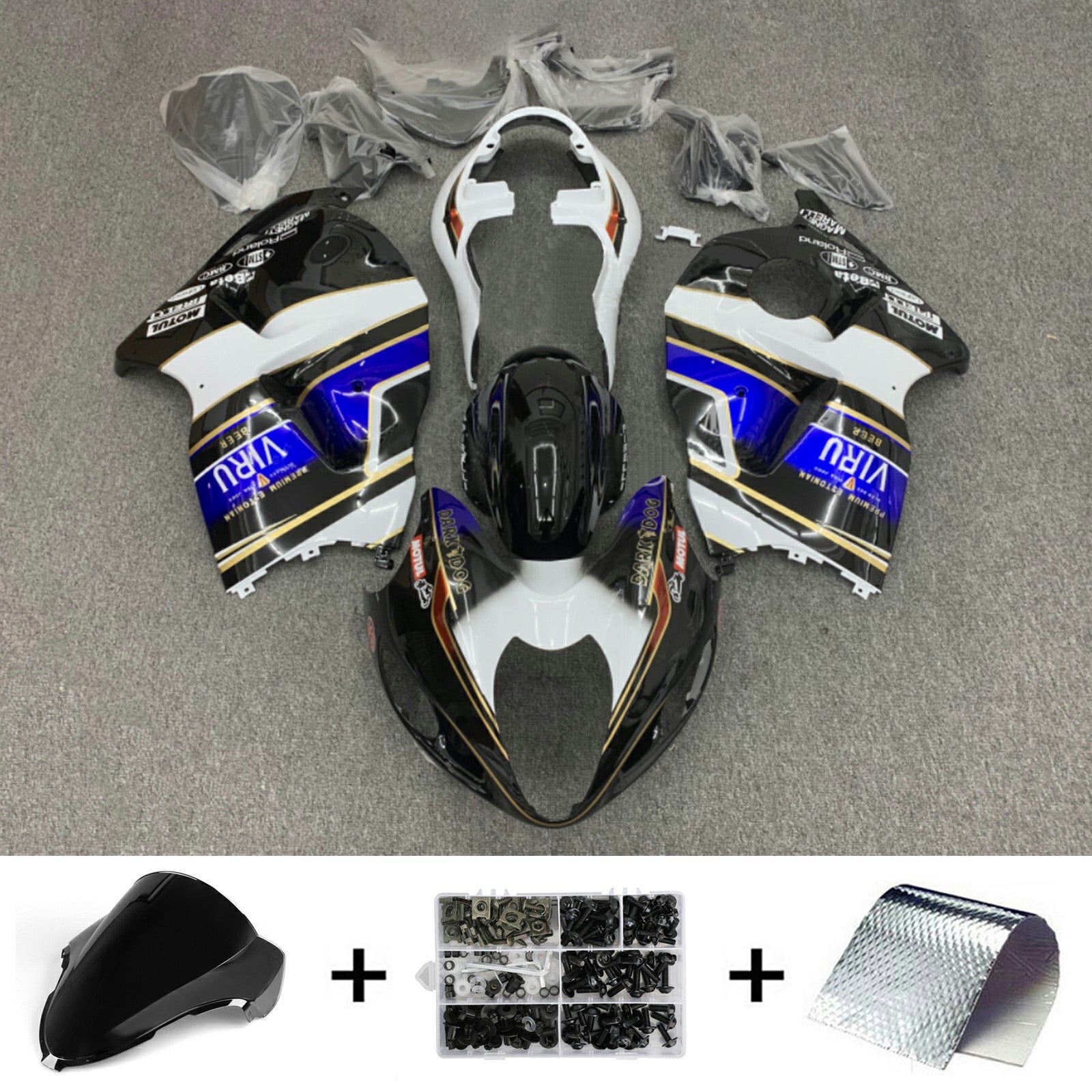 Amotopart Suzuki Hayabusa GSX1300R Bleu 1999-2007&Kit de carénage Black Style1