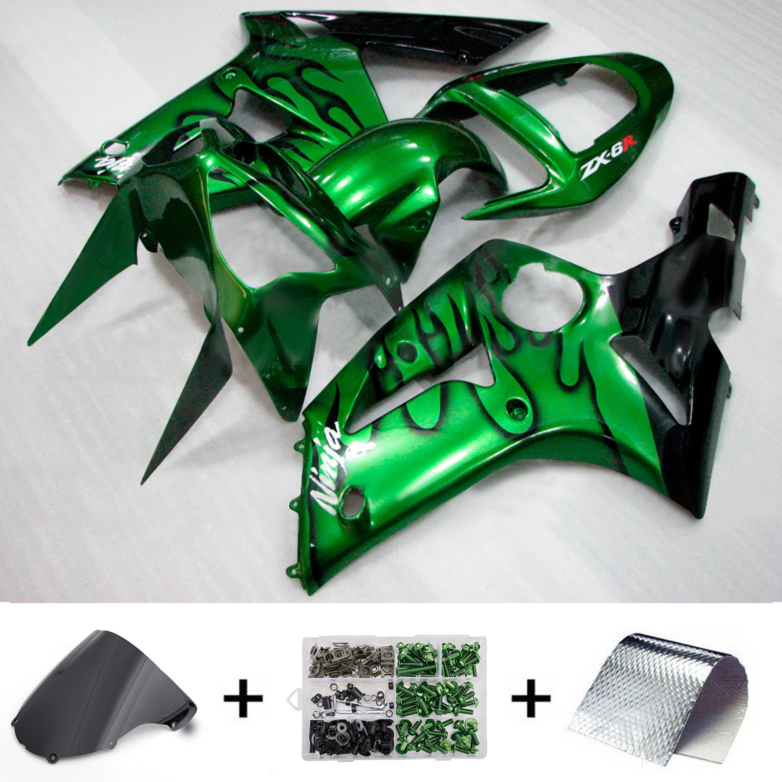 Amotopart 2003-2004 Kawasaki ZX6R 636 Green with Black Fairing Kit