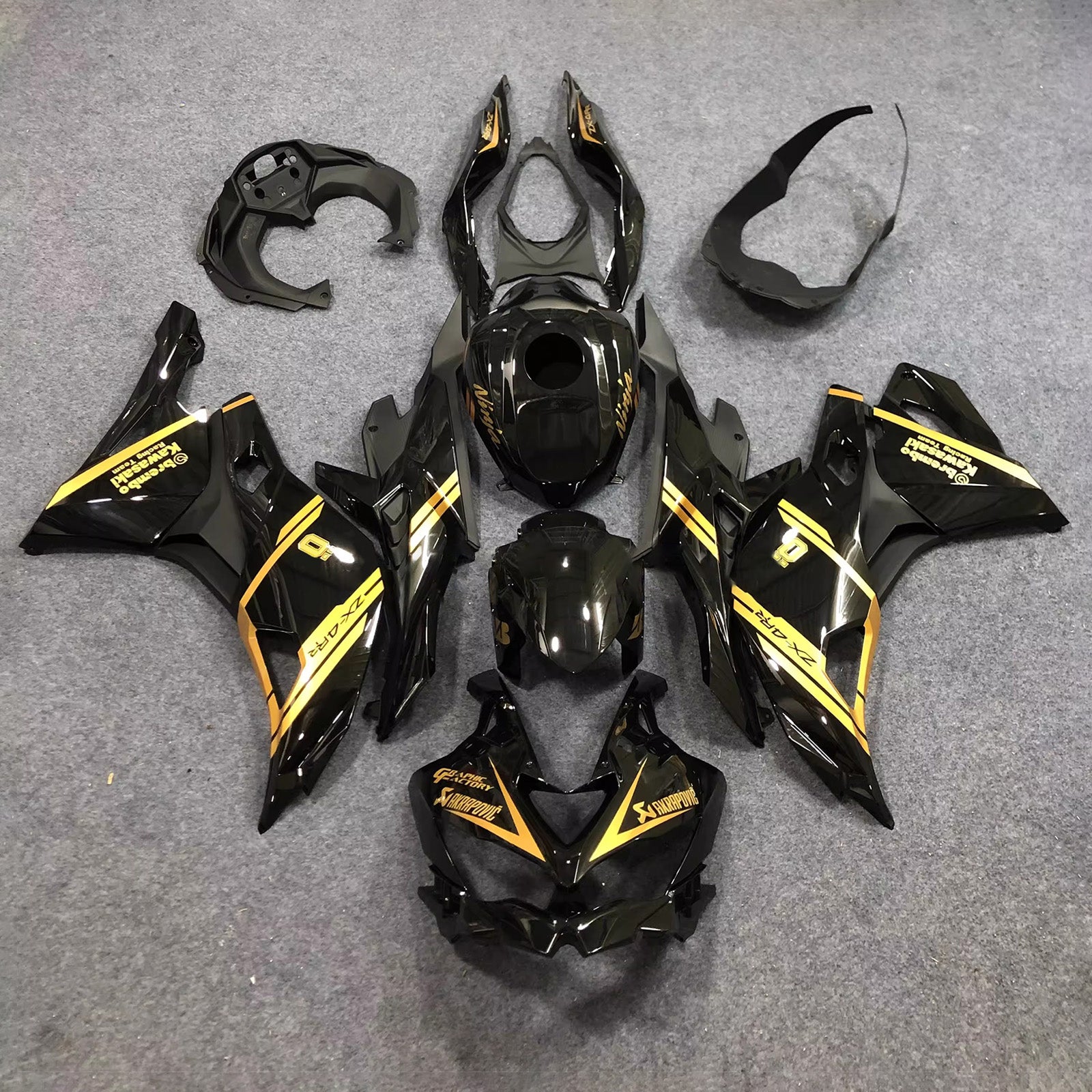 Amotopart 2019-2022 Kawasaki Ninja ZX-25R 2023-2025 Kawasaki Ninja ZX-4R/ZX-4RR Black Gold Fairing Kit