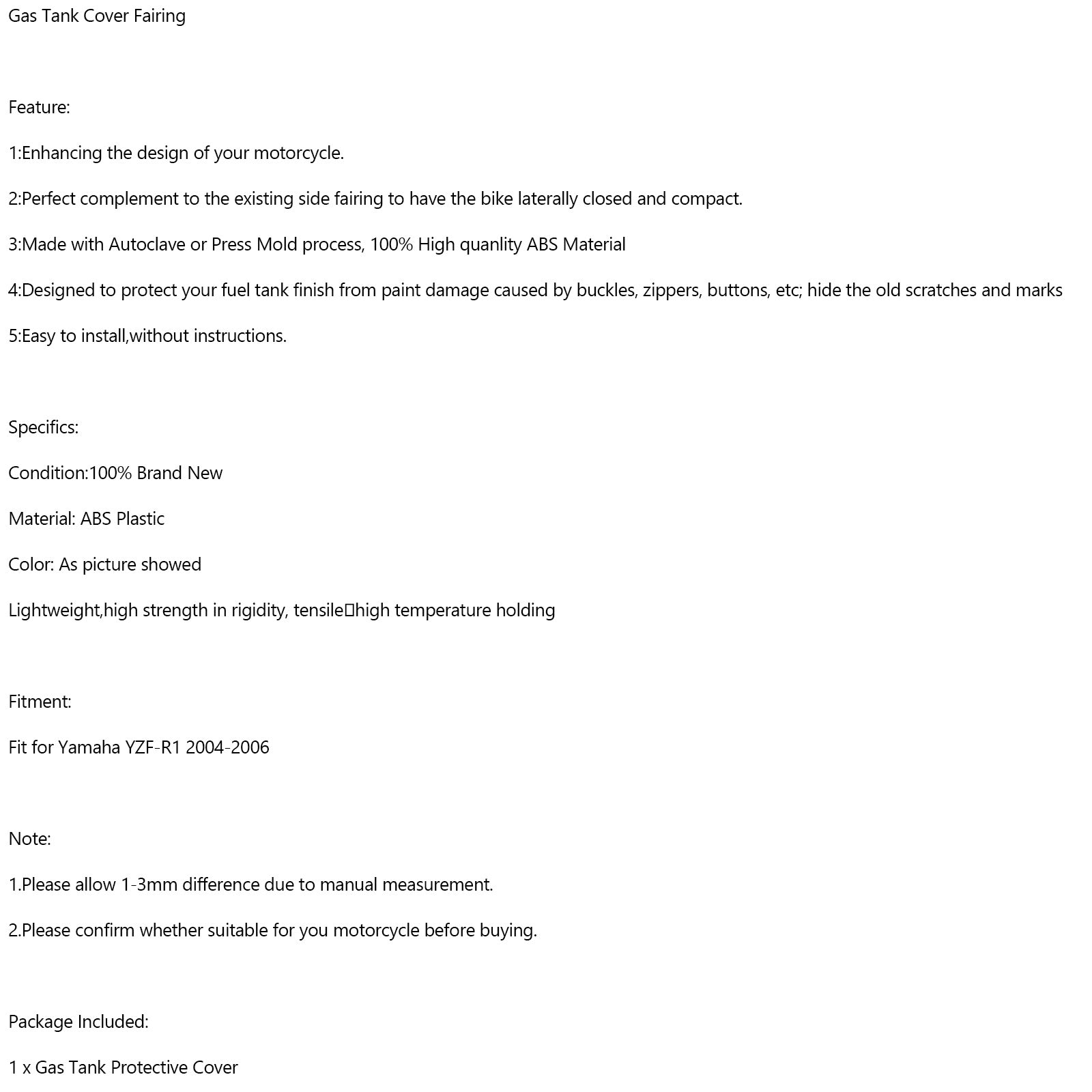 Gas Tank Cover Panel Fairing Protector For Yamaha YZF-R1 2004-2006 Carbon Fiber