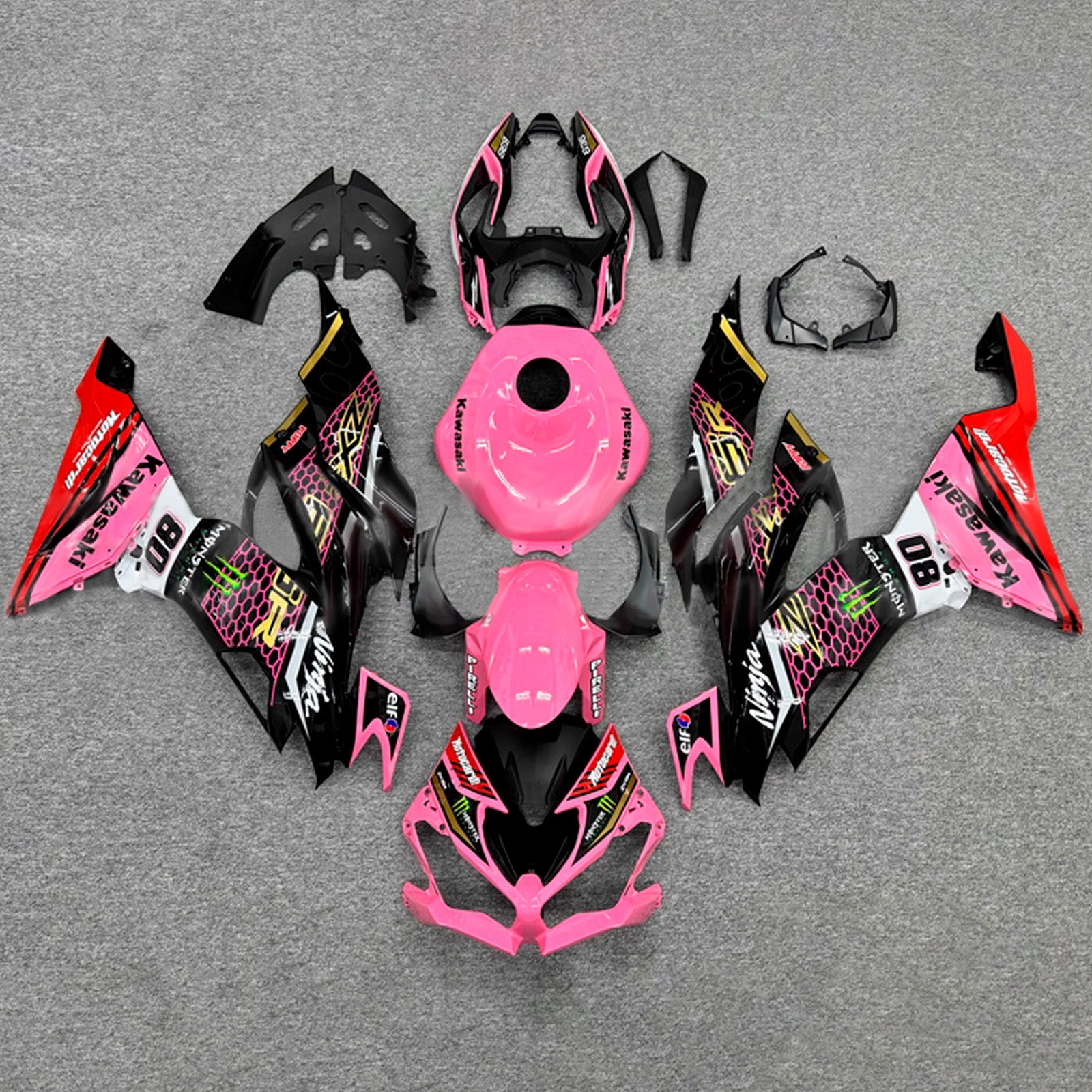 Amotopart 2019-2023 Kawasaki ZX6R Pink Black White Fairing Kit