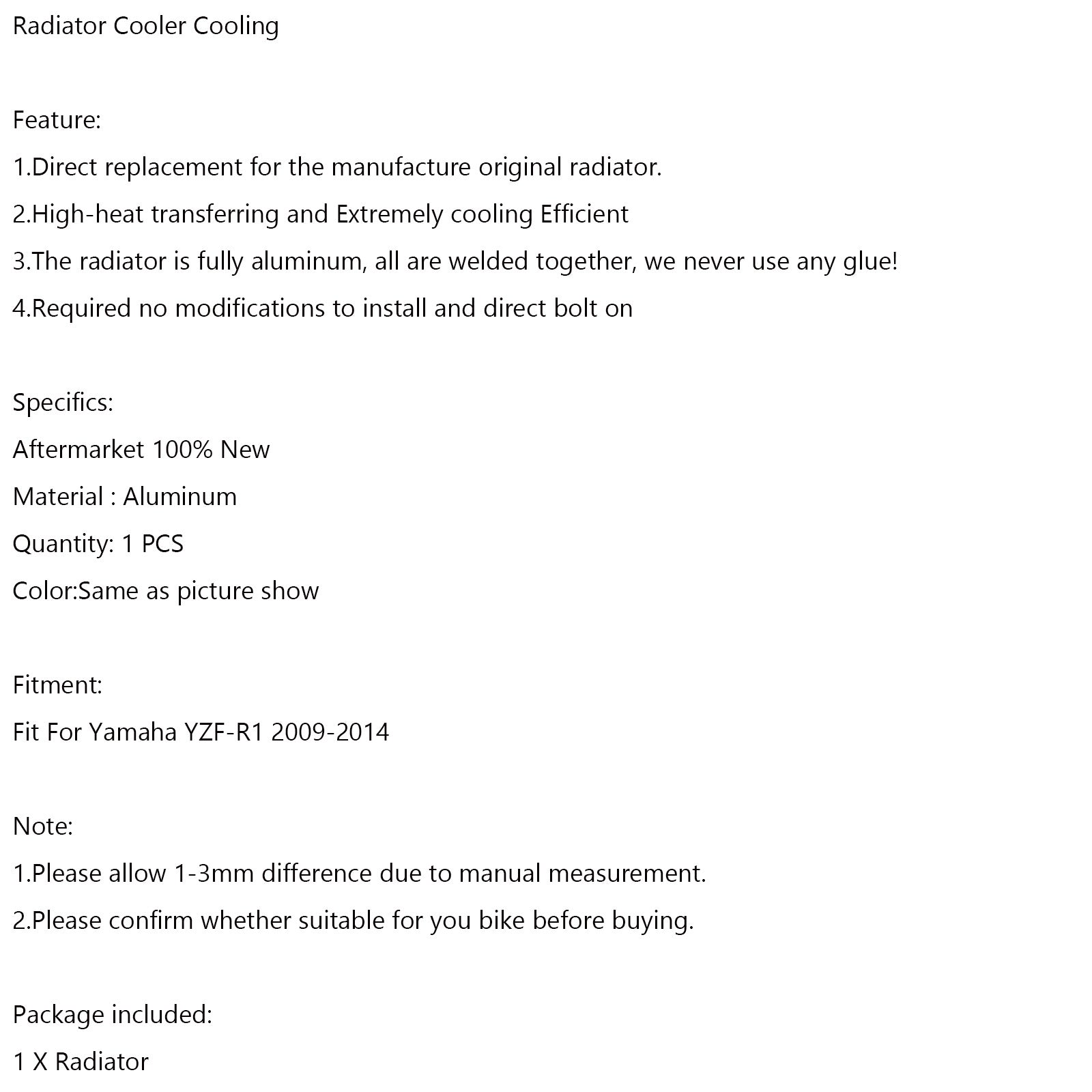 Aluminium radiator koelmotor koeler voor Yamaha YZF R1 2009-2014