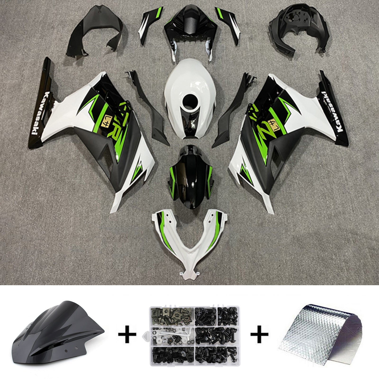 Amotopart 2013-2024 Kit carena Kawasaki EX300/Ninja 300 nero e verde Style 5