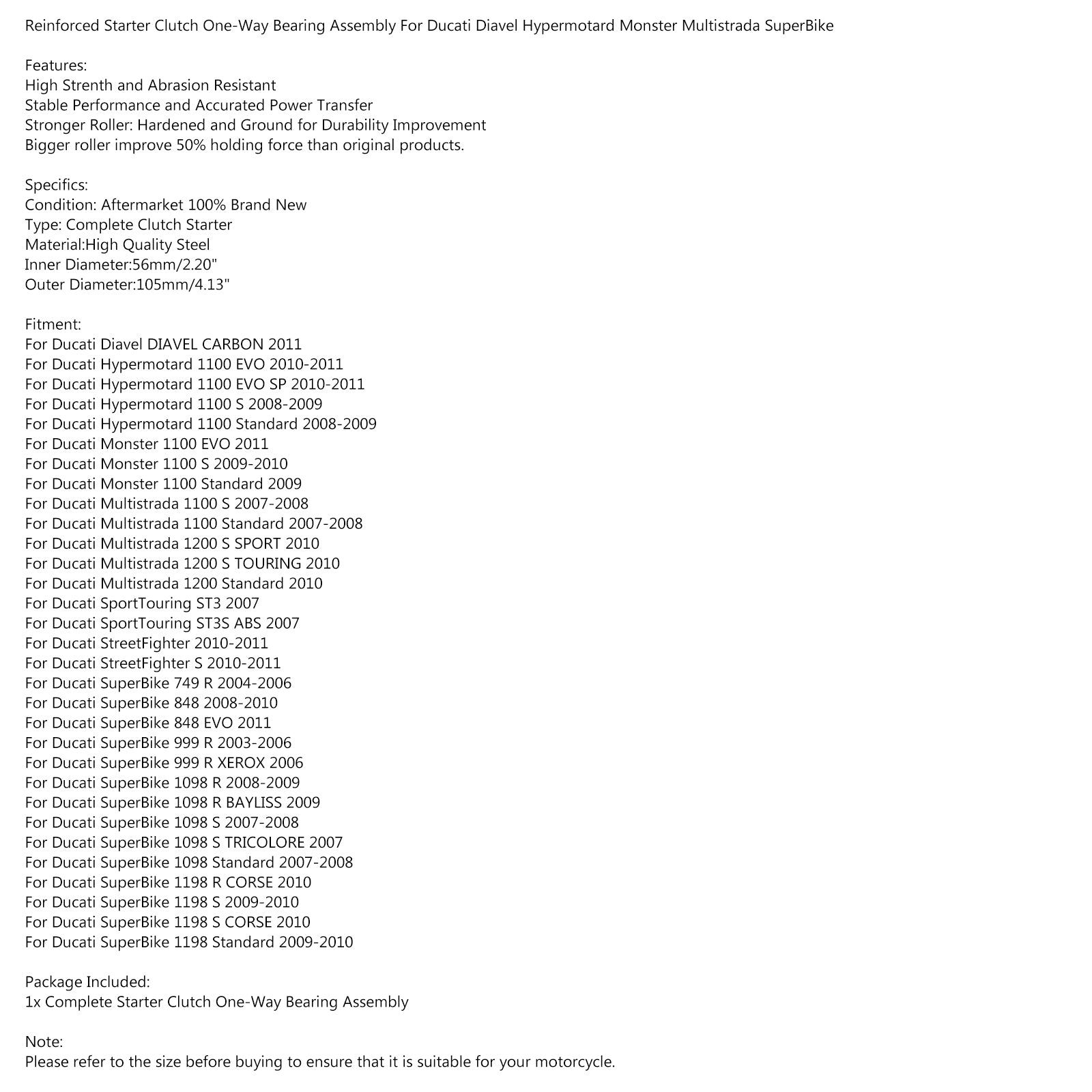 One -Way Starter -Kupplungsbaugruppe für Ducati Superbike 848 999 1098 1198 Evo