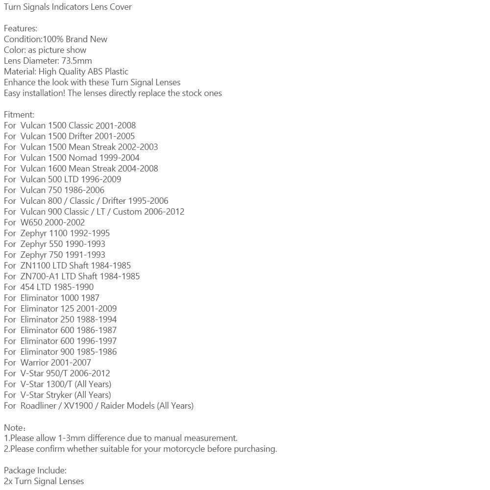 Yamaha Kawasaki Vulcan 1500 VN Turning Signals Indicateurs Couverture de l'objectif
