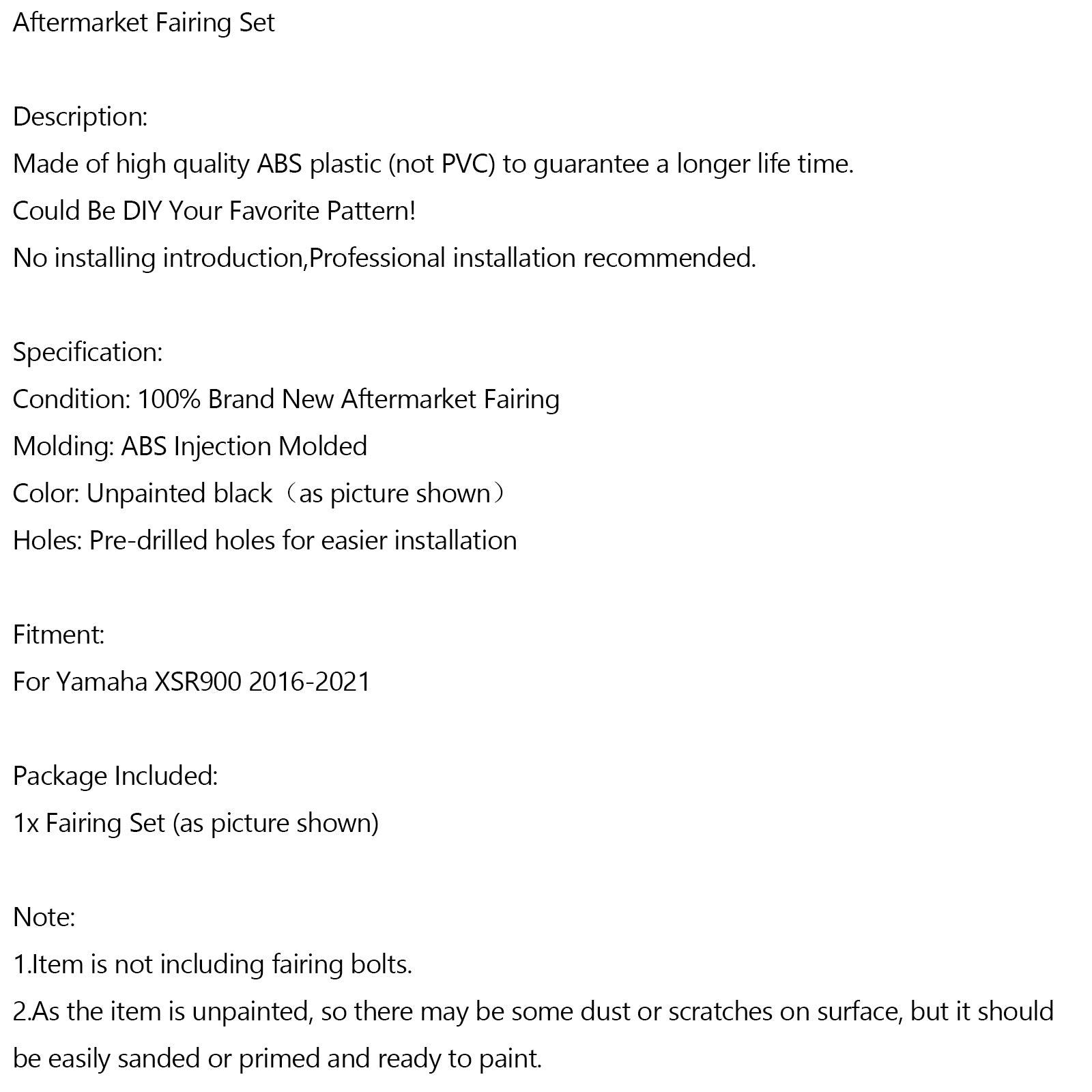Moulage d'injection de carénage de carrosserie non peint pour Yamaha XSR900 2016-2021