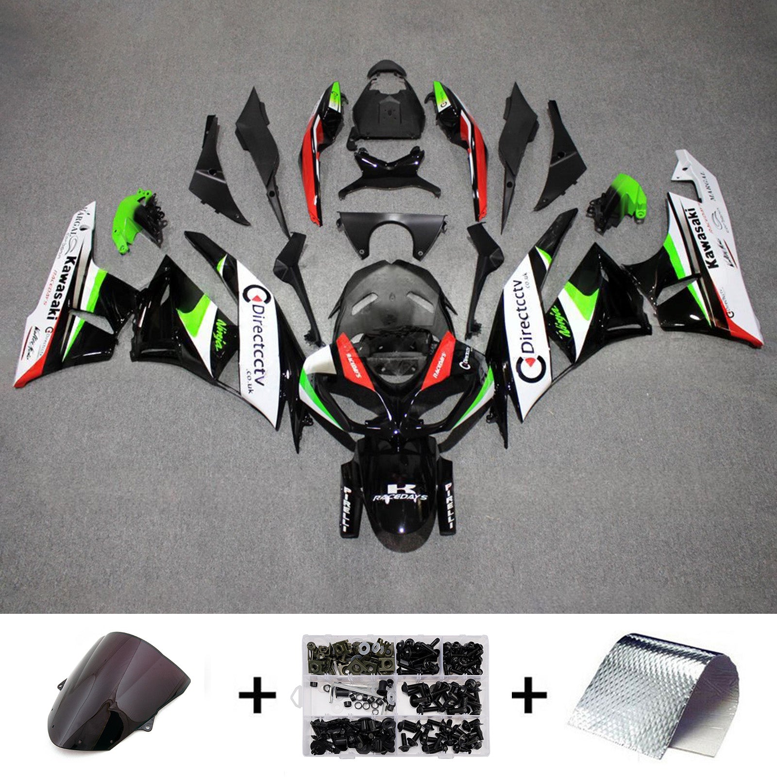 Amotopart 2009-2012 Kawasaki ZX6R 636 Black White Red Green Fairing Kit