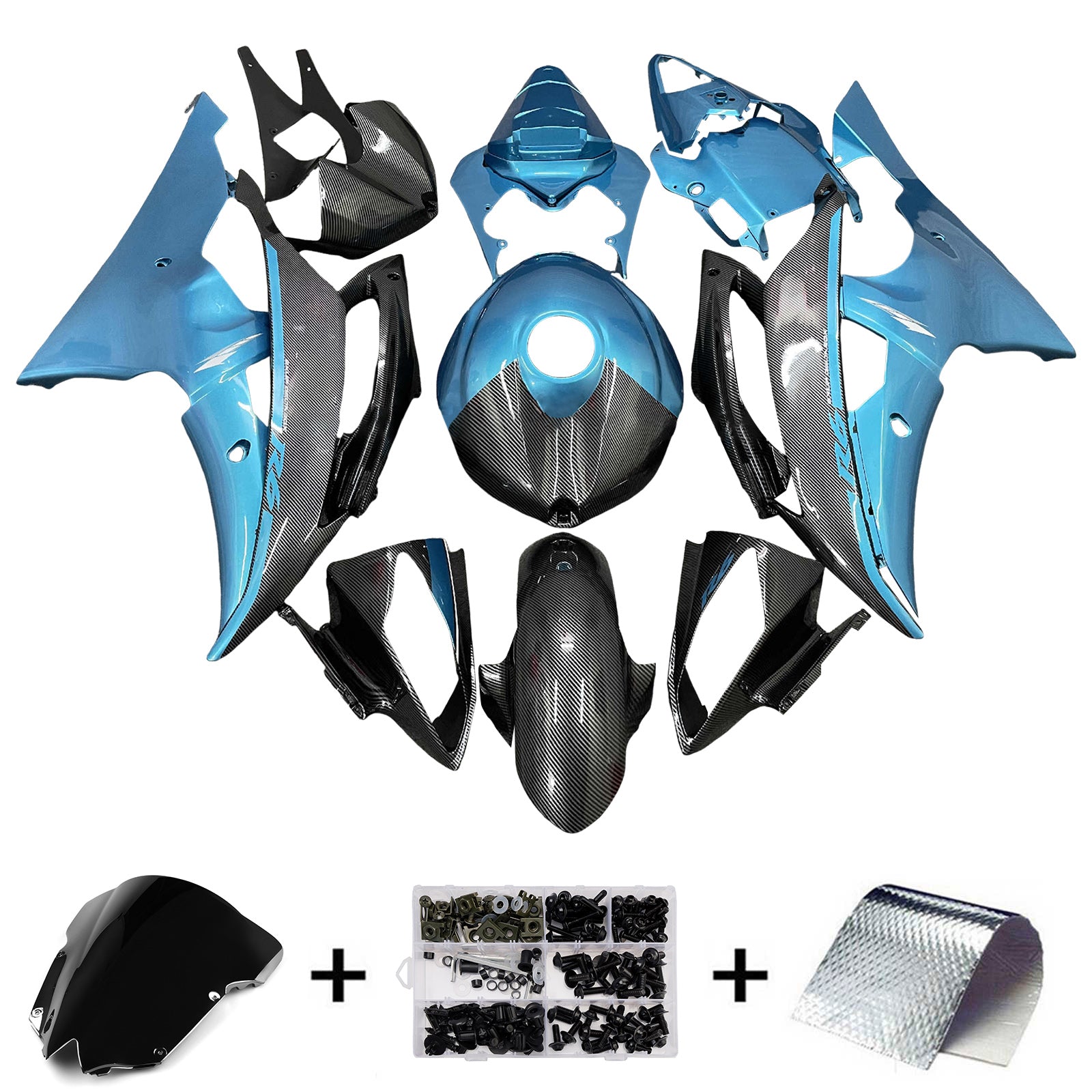 Amotopart 2008-2016 Yamaha YZF-R6 Blue & Black Carbon Fiber Pattern Fairing Kit