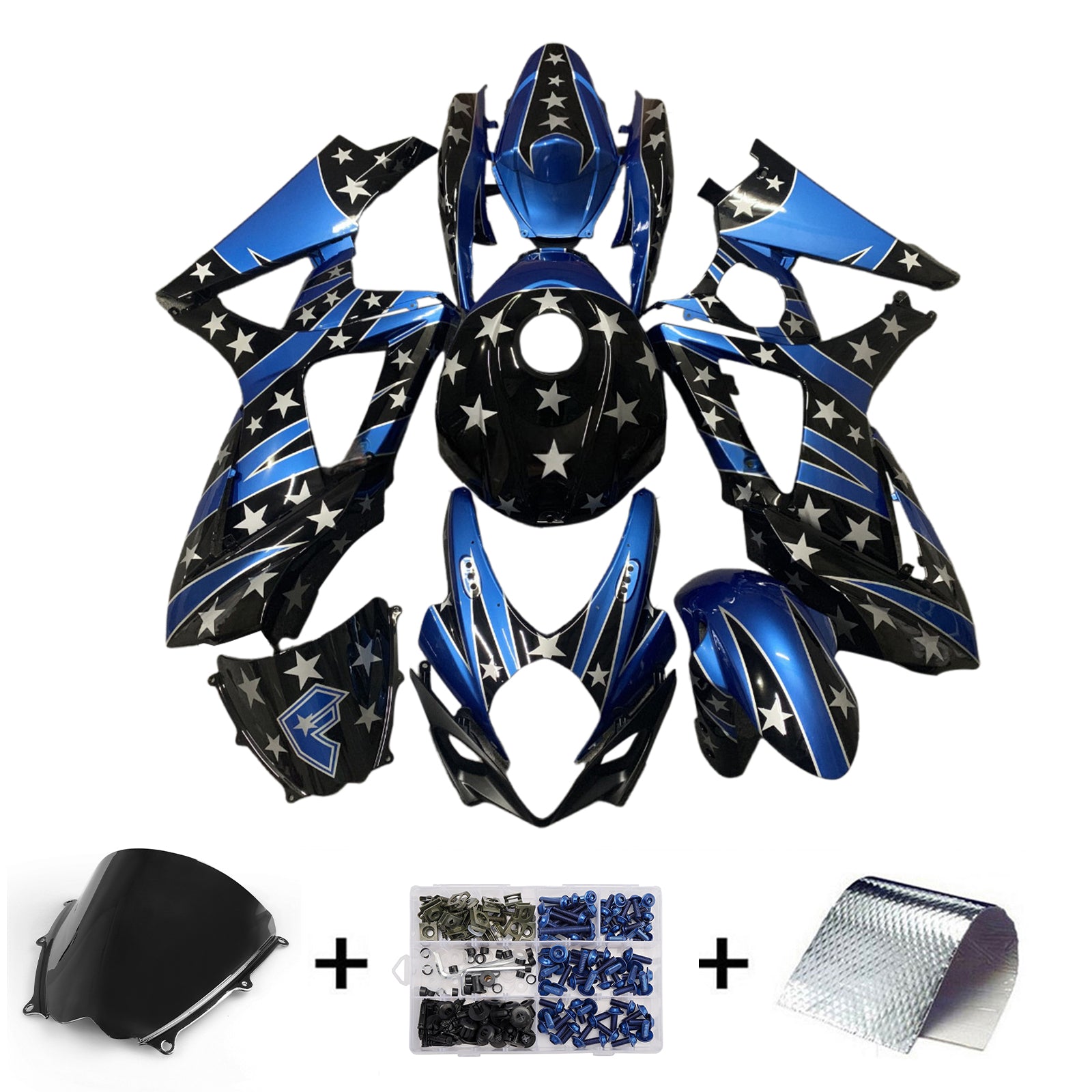 Amotopart 2007-2008 Suzuki GSXR1000 Black Blue White Star Fairing Kit