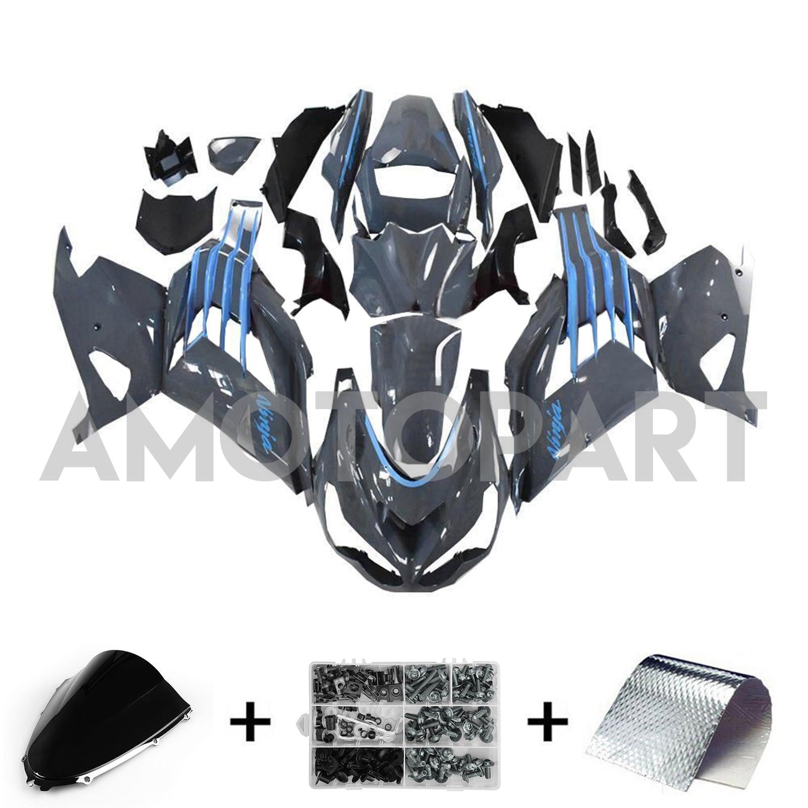 Amotopart 2012-2025 Kawasaki ZX14R ZZR1400 Gris Noir & Kit de carénage bleu