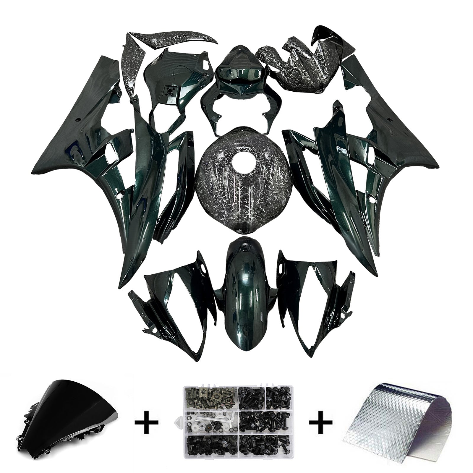 Amotopart 2006-2007 Yamaha YZF-R6 Green & Black Forged Carbon Fiber Pattern Fairing Kit