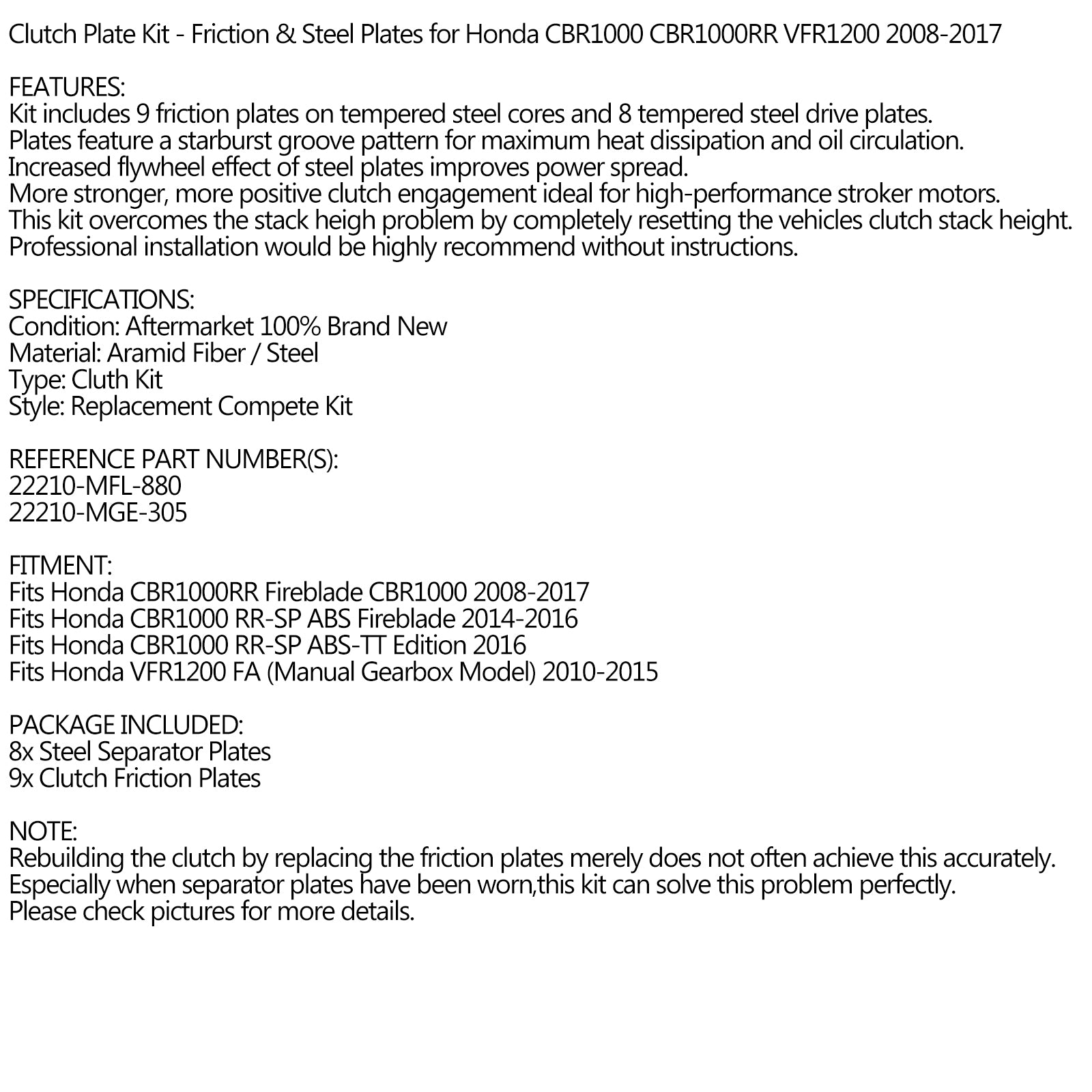 Kupplungssatz Stahl & Reibscheiben für Honda CBR1000 CBR1000RR VFR1200 2008-2017