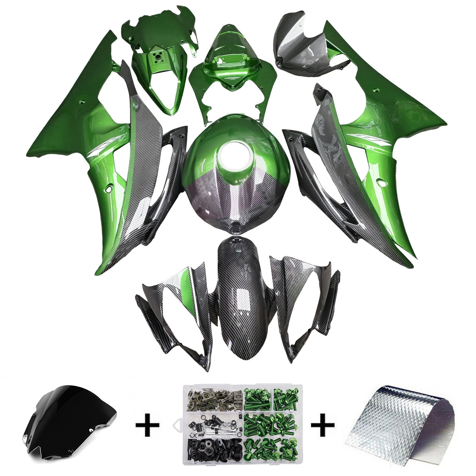 Amotopart 2008-2016 Yamaha YZF-R6 Green & Black Carbon Fiber Pattern Fairing Kit